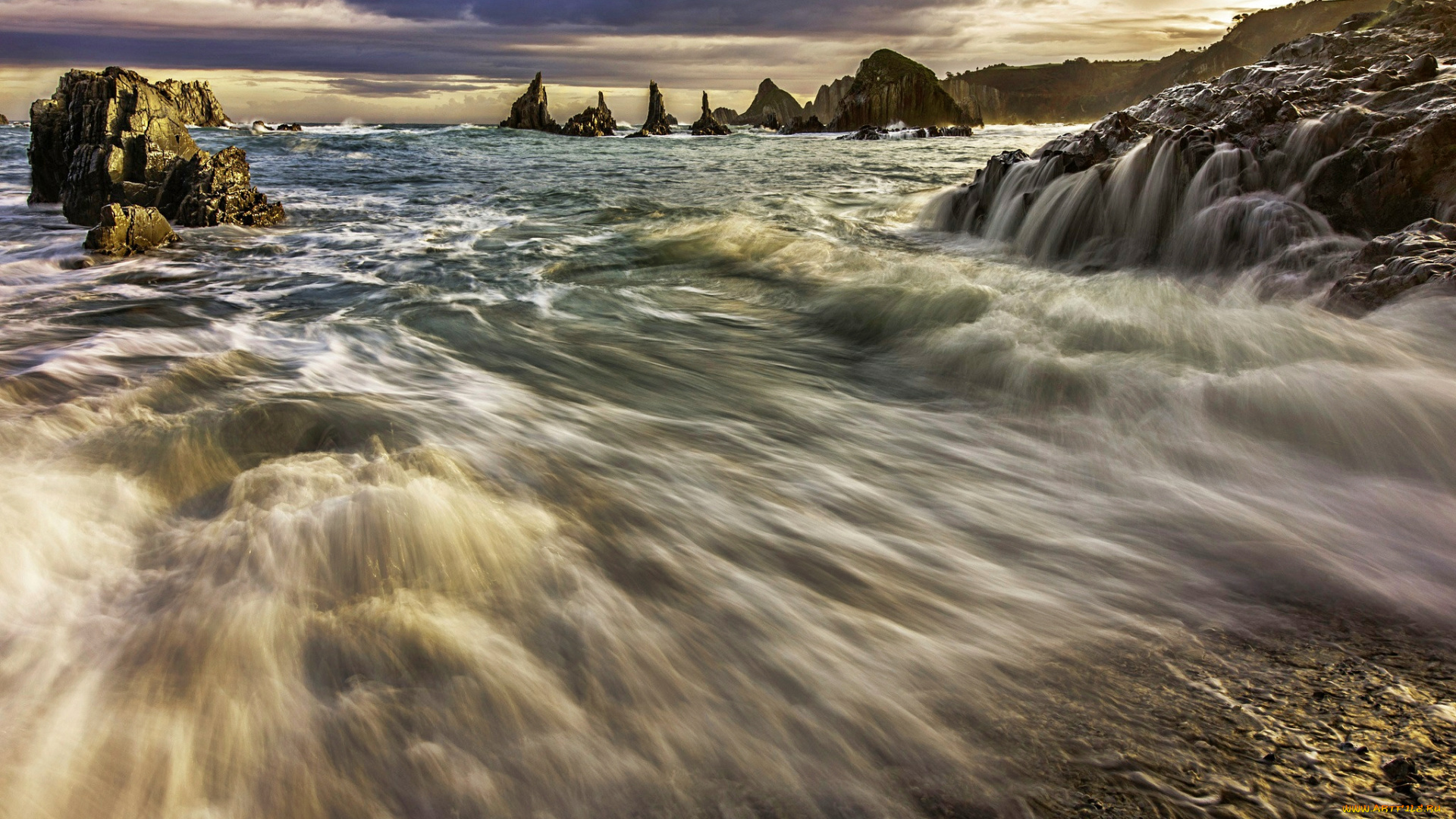 природа, побережье, скалы, океан, камни, тучи