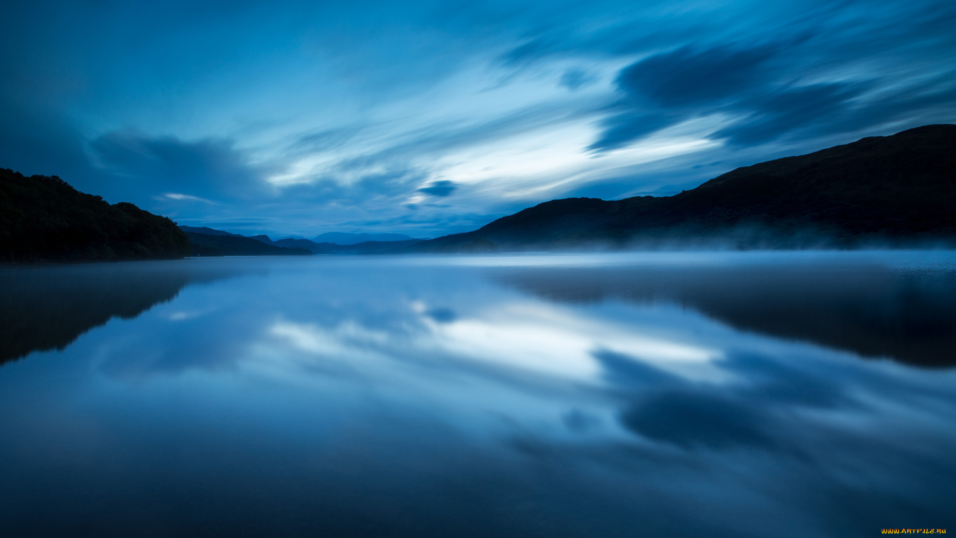 природа, реки, озера, отражение, небо, гладь, облака, дымка, голубое, вода, туман, вечер, озеро, заповедник, англия, великобритания