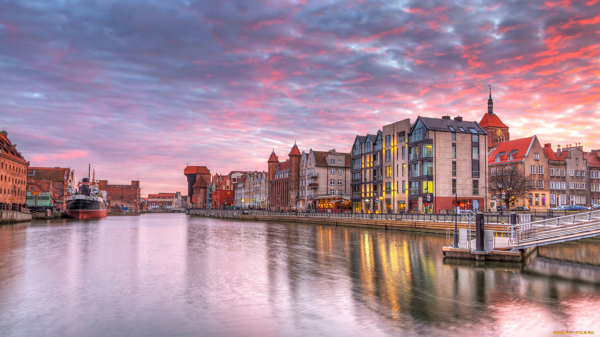 гданьск, польша, города, гданьск, , польша, гданьск, река, закат, дома
