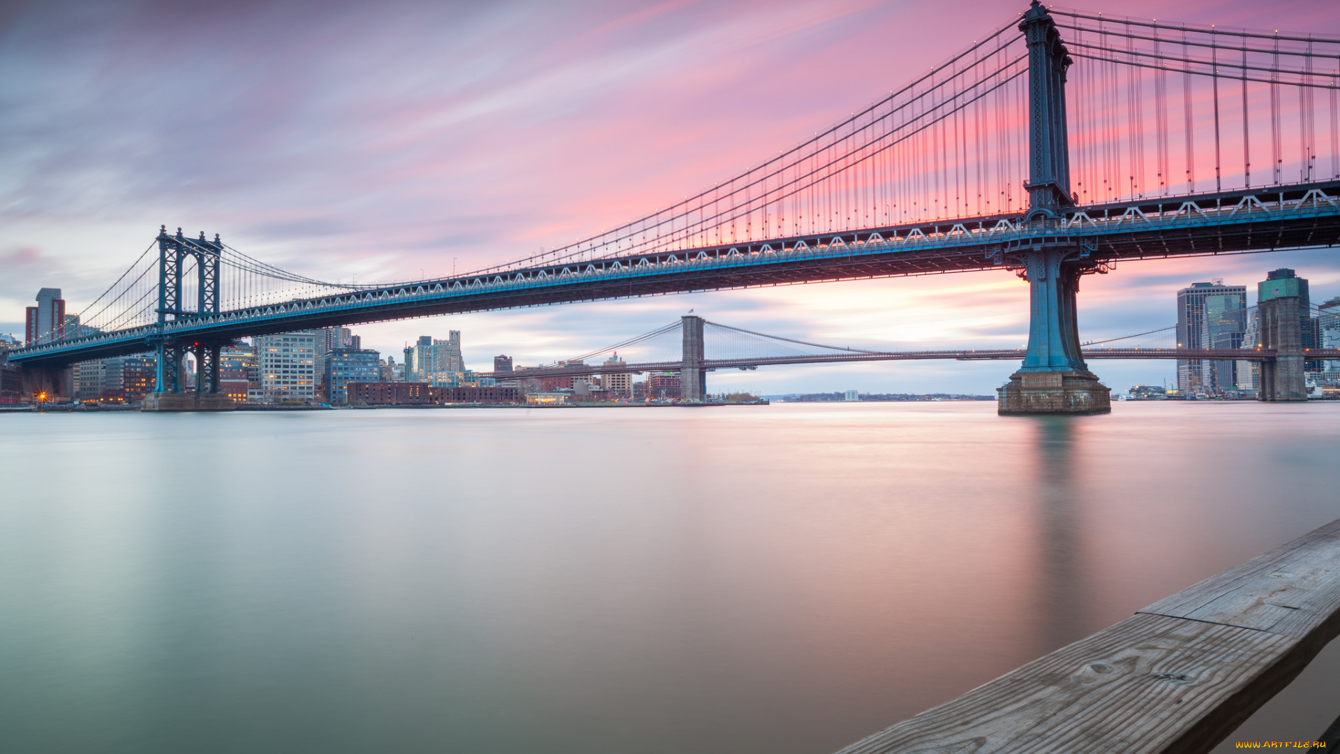 manhattan, and, brooklyn, bridges, at, sunset, города, -, мосты, заря, мосты, утро