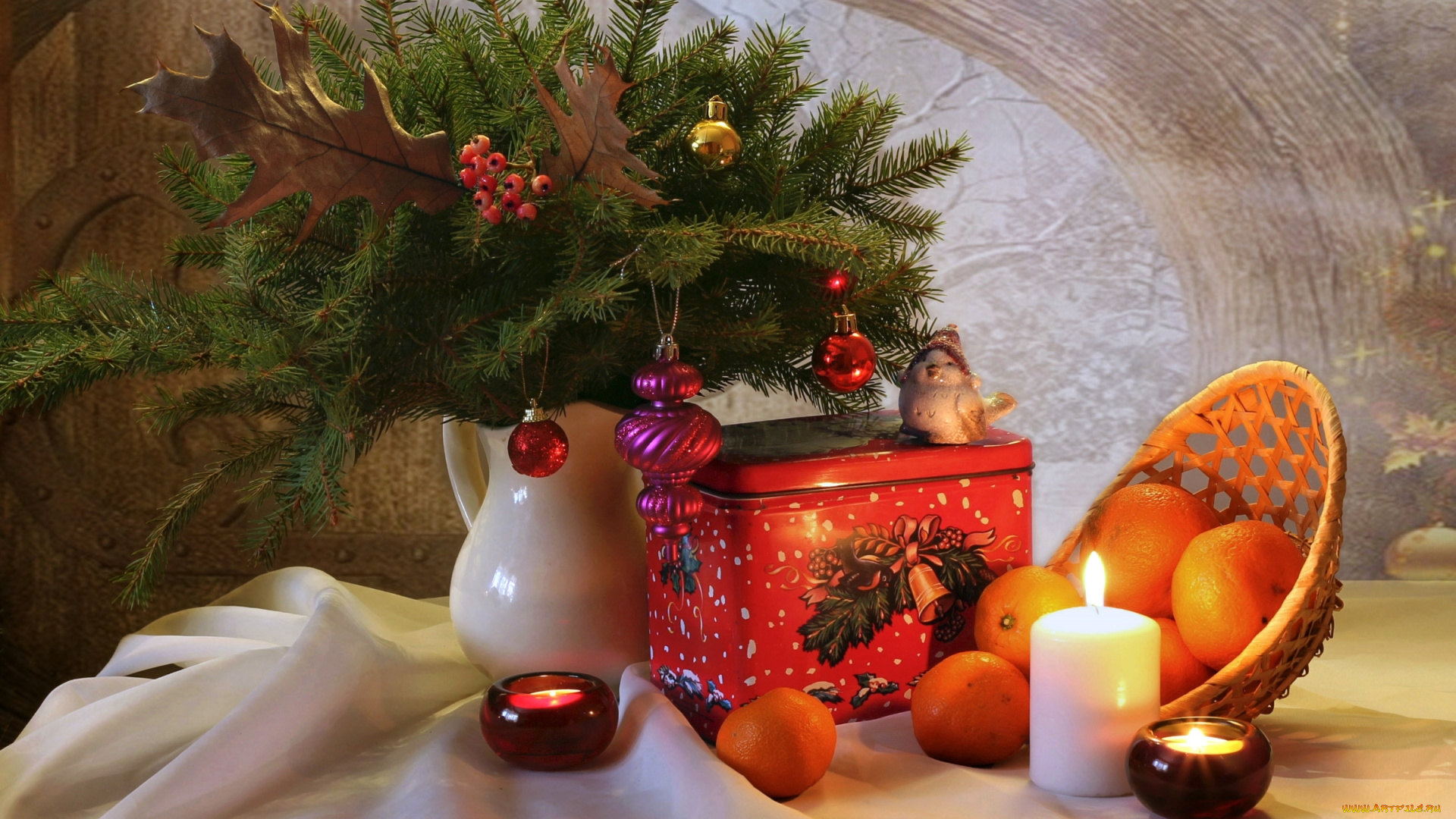 праздничные, угощения, елка, игрушки, мандарины, свечи, коробка