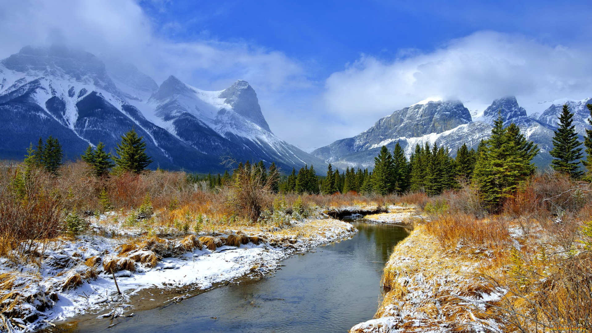 природа, реки, озера, облака, небо, деревья, река, снег, горы