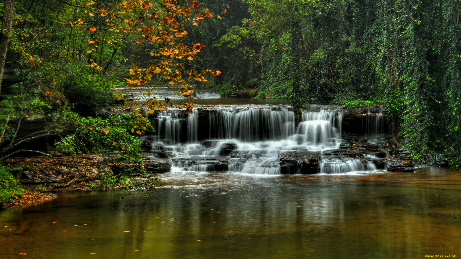 природа, водопады, водопад, река, лес