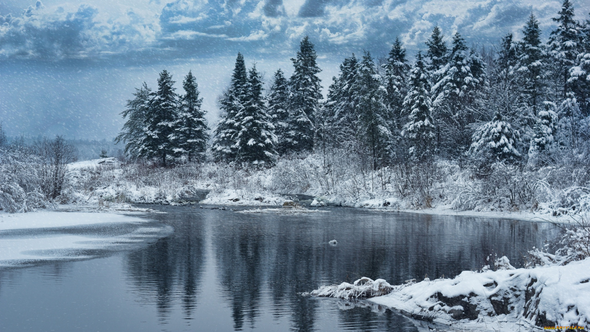 природа, зима, озеро, деревья, лес, снег