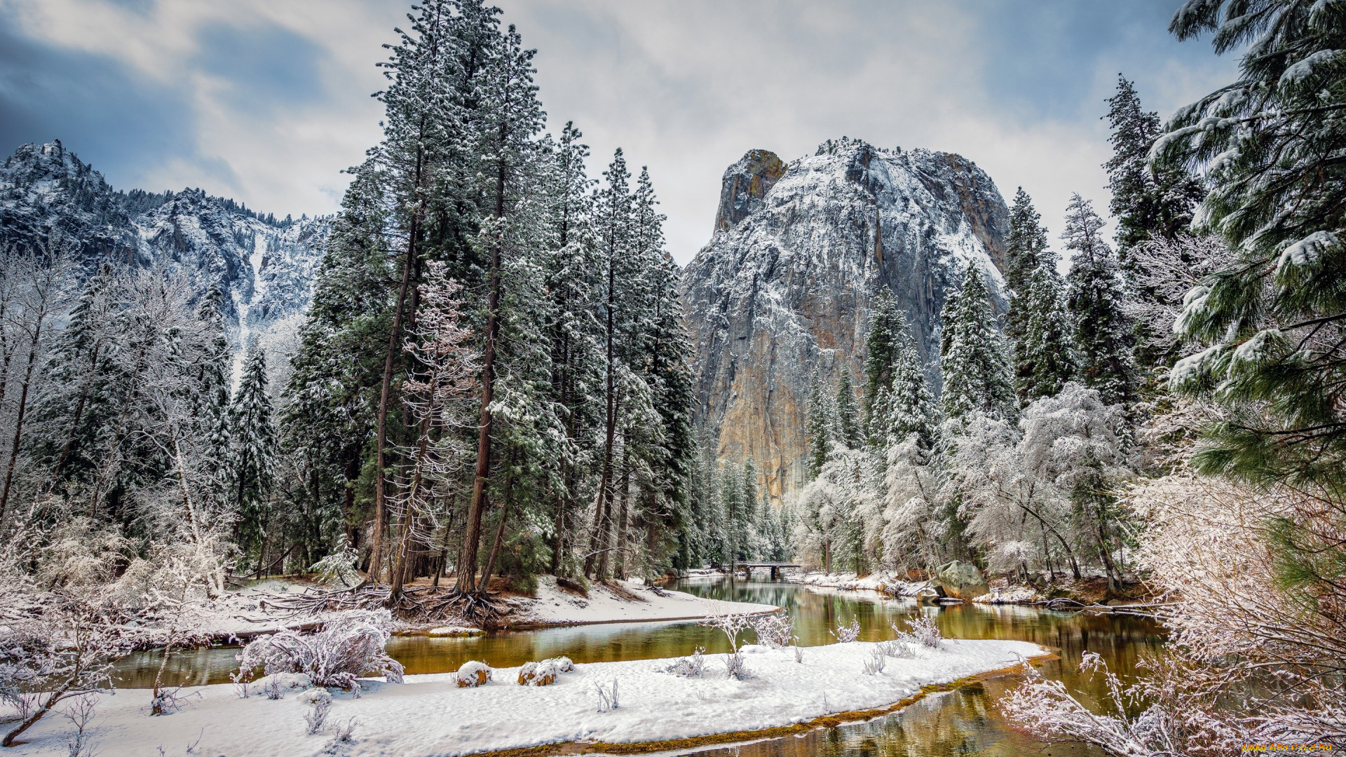 природа, зима, река, снег, деревья, небо, горы, сша, сьерра-невада, yosemite, national, park