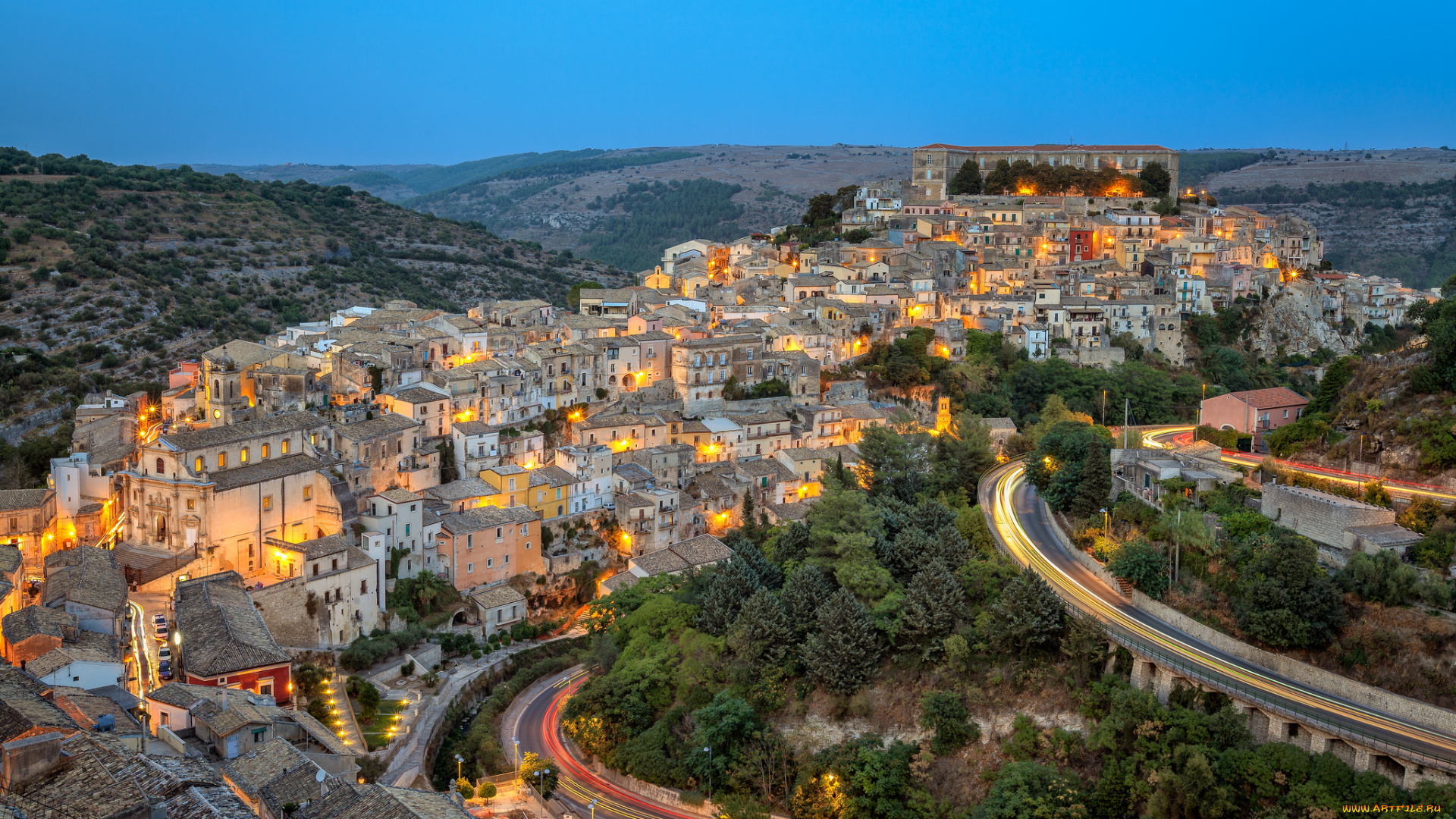ragusa, at, blue, hour, города, -, панорамы, утро, огни, трасса, здания