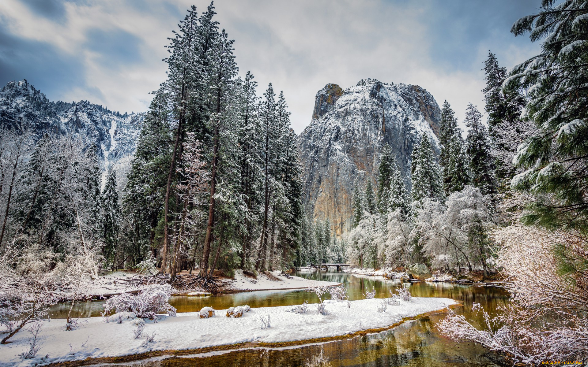 природа, зима, река, снег, деревья, небо, горы, сша, сьерра-невада, yosemite, national, park