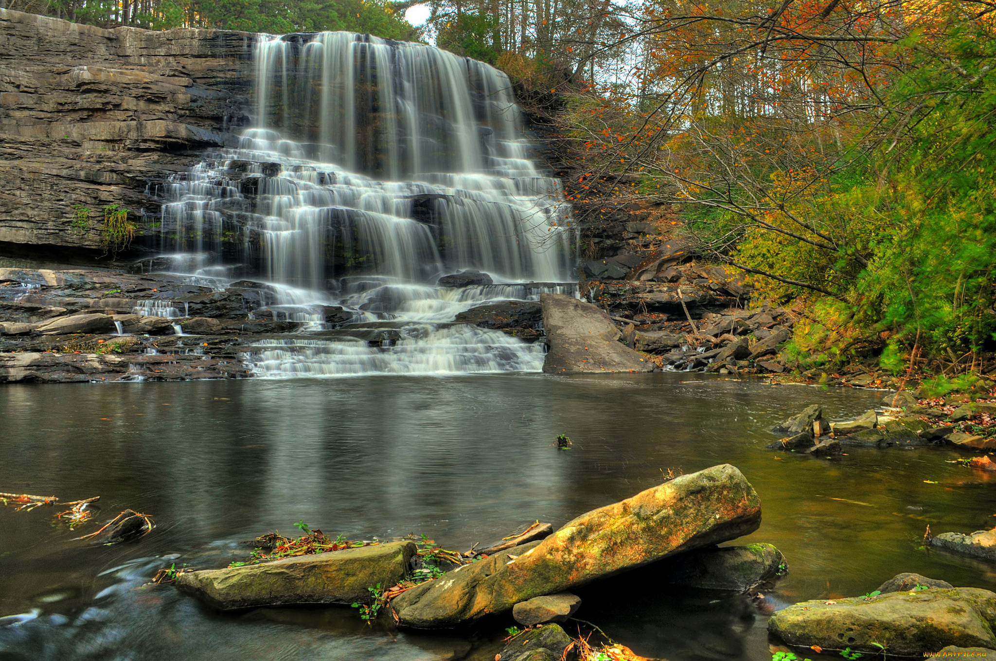 природа, водопады, водопад, река, лес