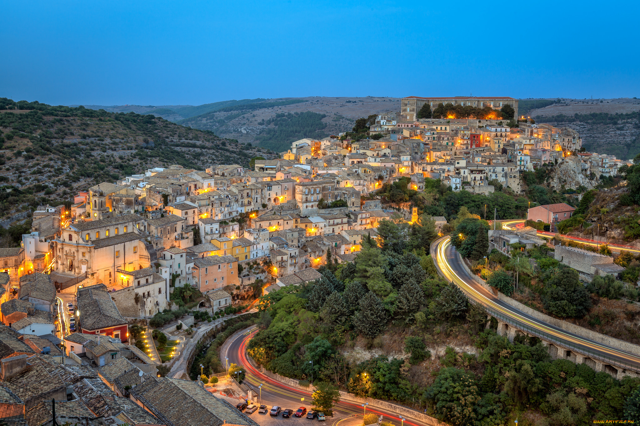 ragusa, at, blue, hour, города, -, панорамы, утро, огни, трасса, здания