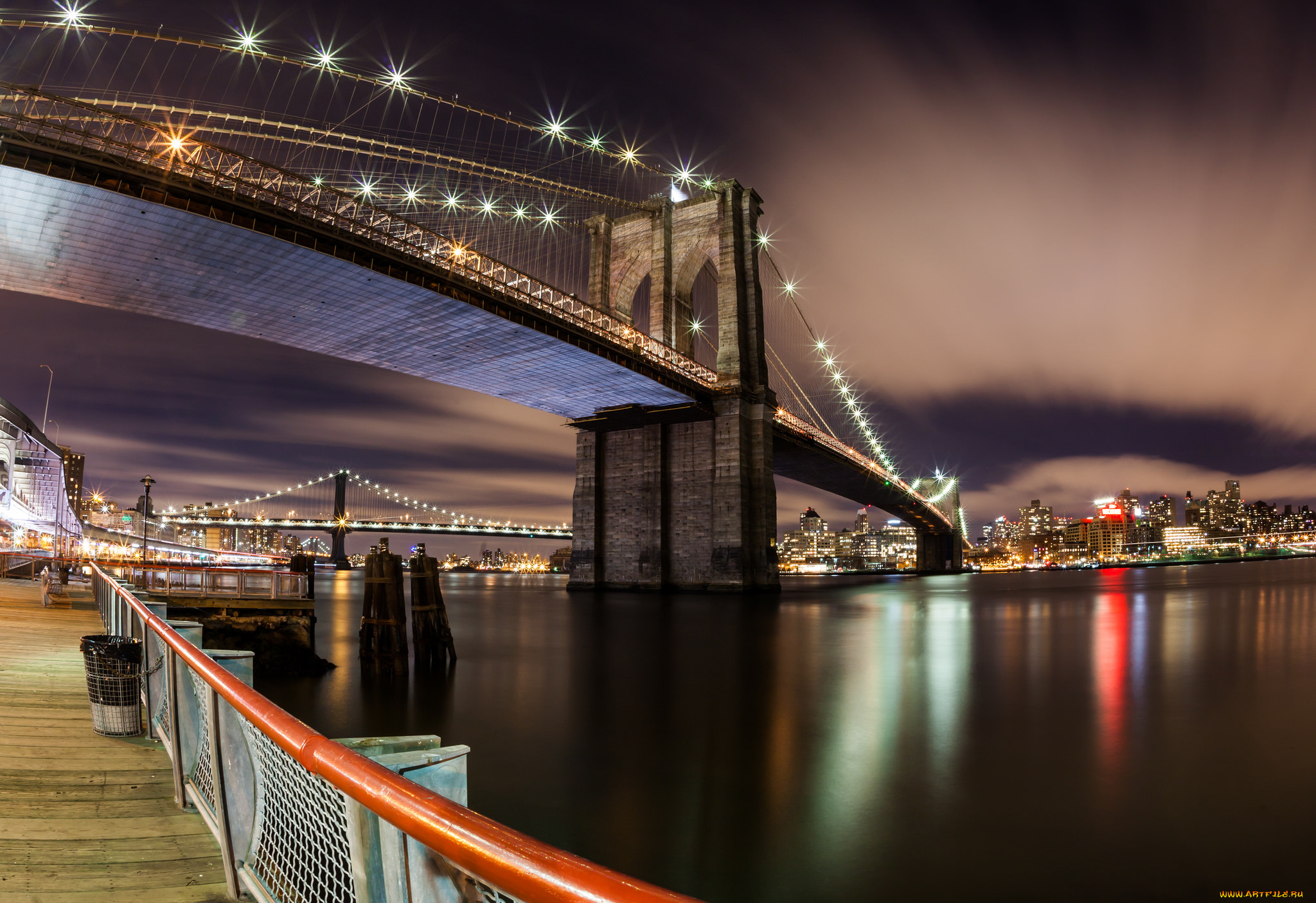 brooklyn, bridge, at, night, города, -, мосты, огни, мост, ночь
