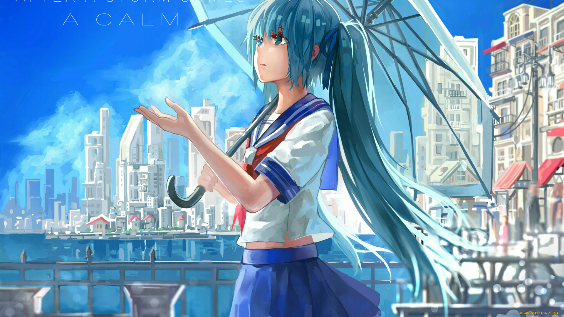 аниме, vocaloid, hatsune, miku, девушка, hunxiao, xingshuang, город, зонт
