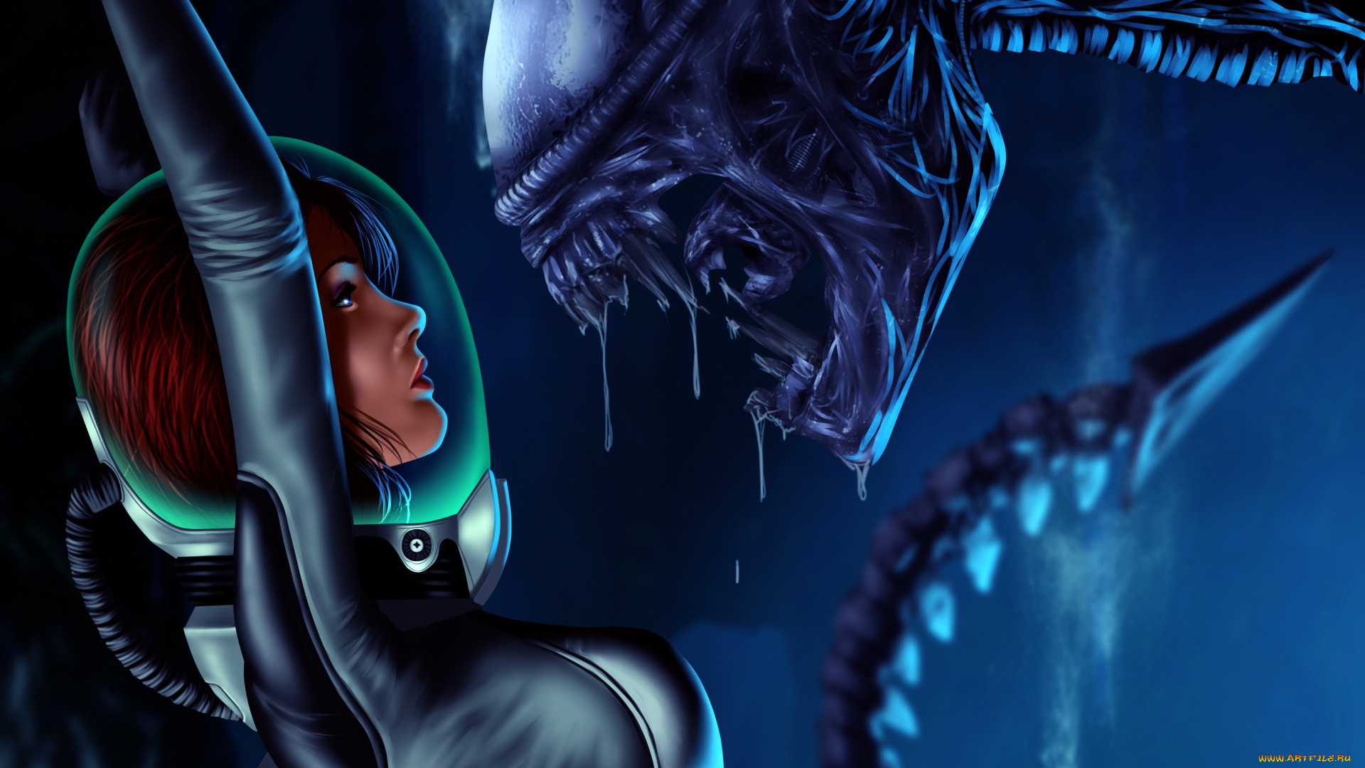 фэнтези, Чужой, , alien, взгляд, арт, фильм, эллен, рипли, скафандр, пасть, монстр, Чужой