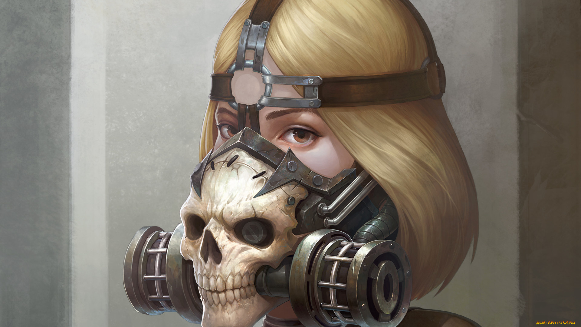 фэнтези, девушки, взгляд, девушка, sci-fi, череп, противогаз, фантастика, арт