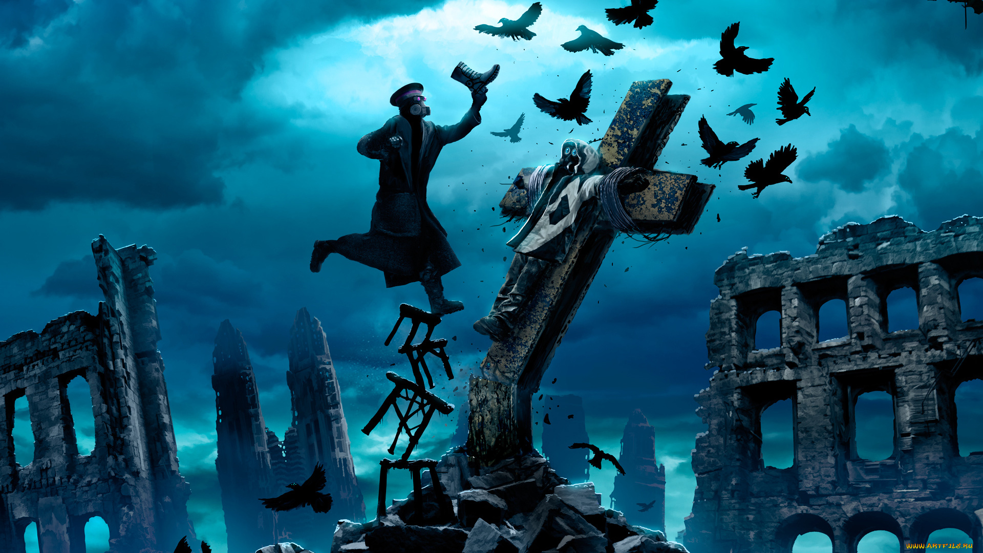 фэнтези, романтика, апокалипсиса, птицы, вороны, крест, облака, распятие, человек, romantically, apocalyptic, тучи, небо, табуретка, руины, alexiuss, zee, captain