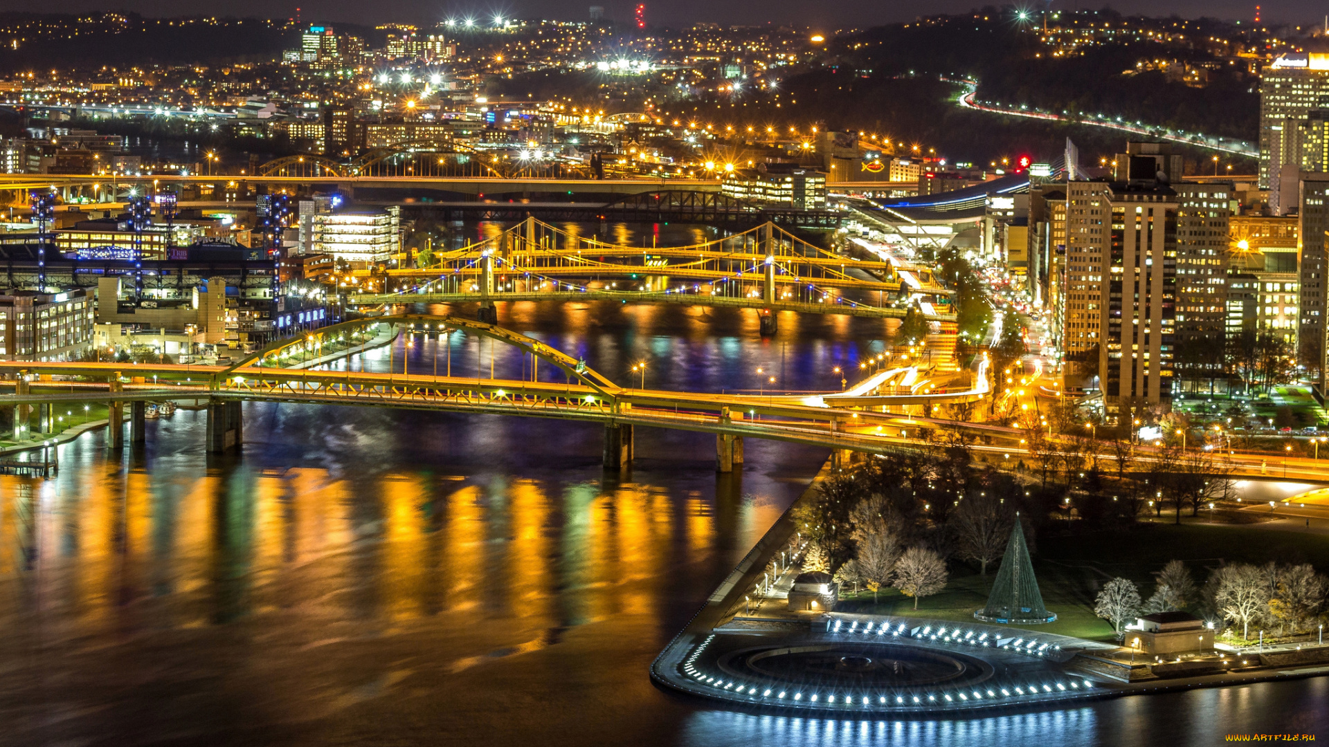 pittsburgh`s, golden, bridges, города, питтсбург, , сша, огни, мосты, ночь