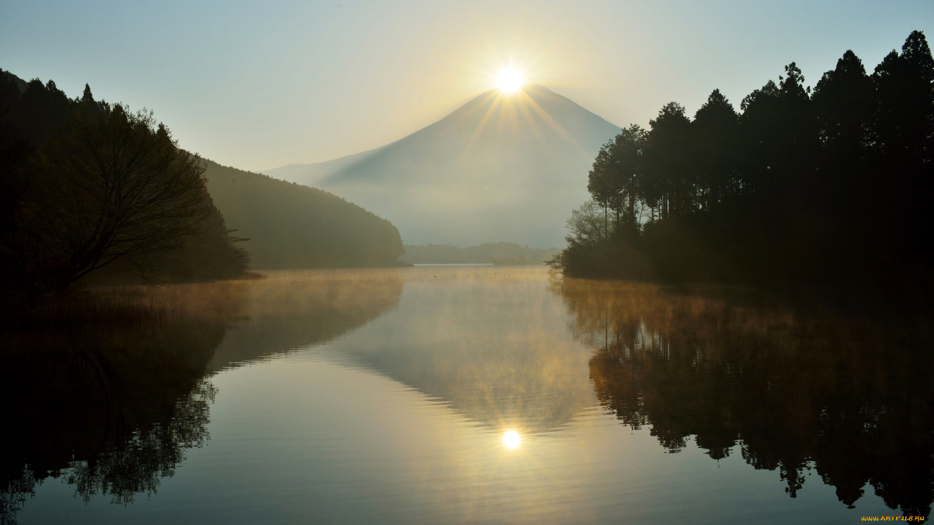 природа, восходы, закаты, гора, фудзияма, Япония, солнце, деревья, озеро