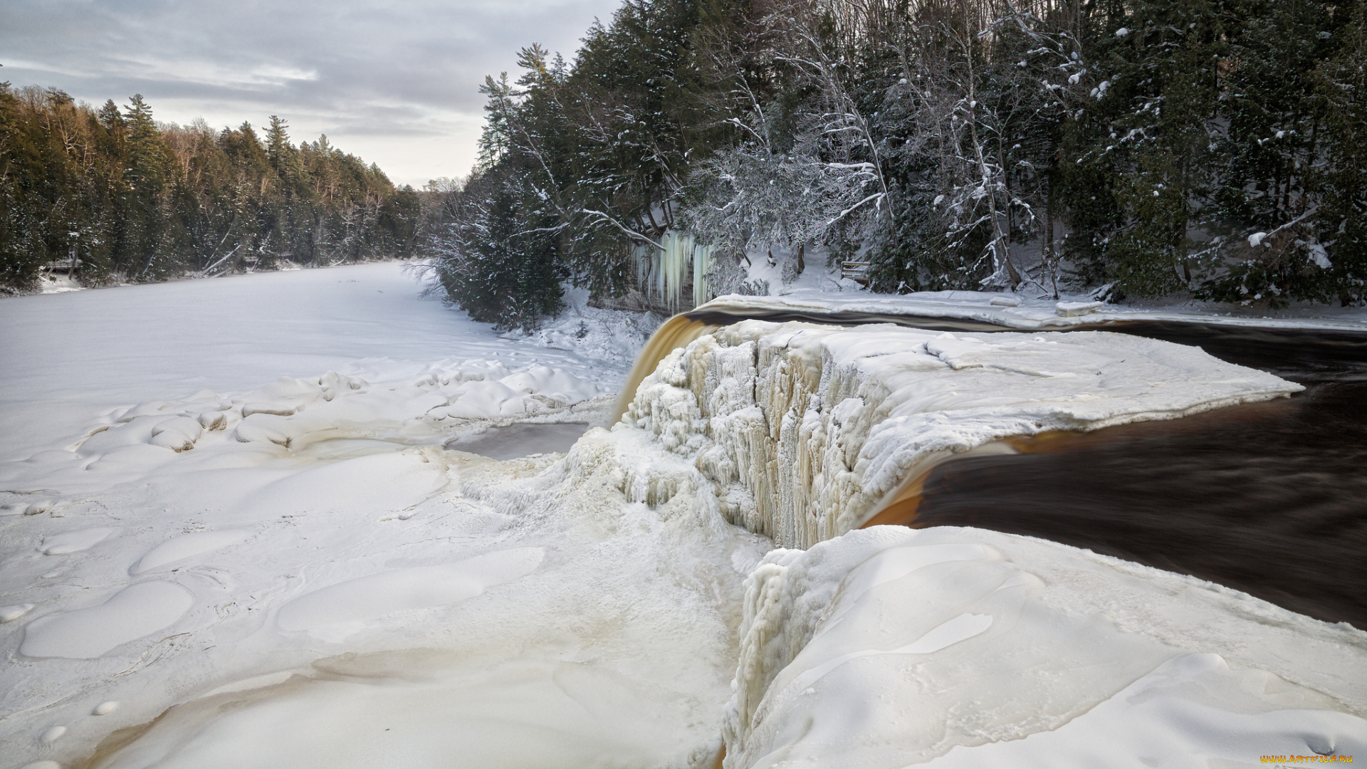 природа, зима, лес, река, водопад