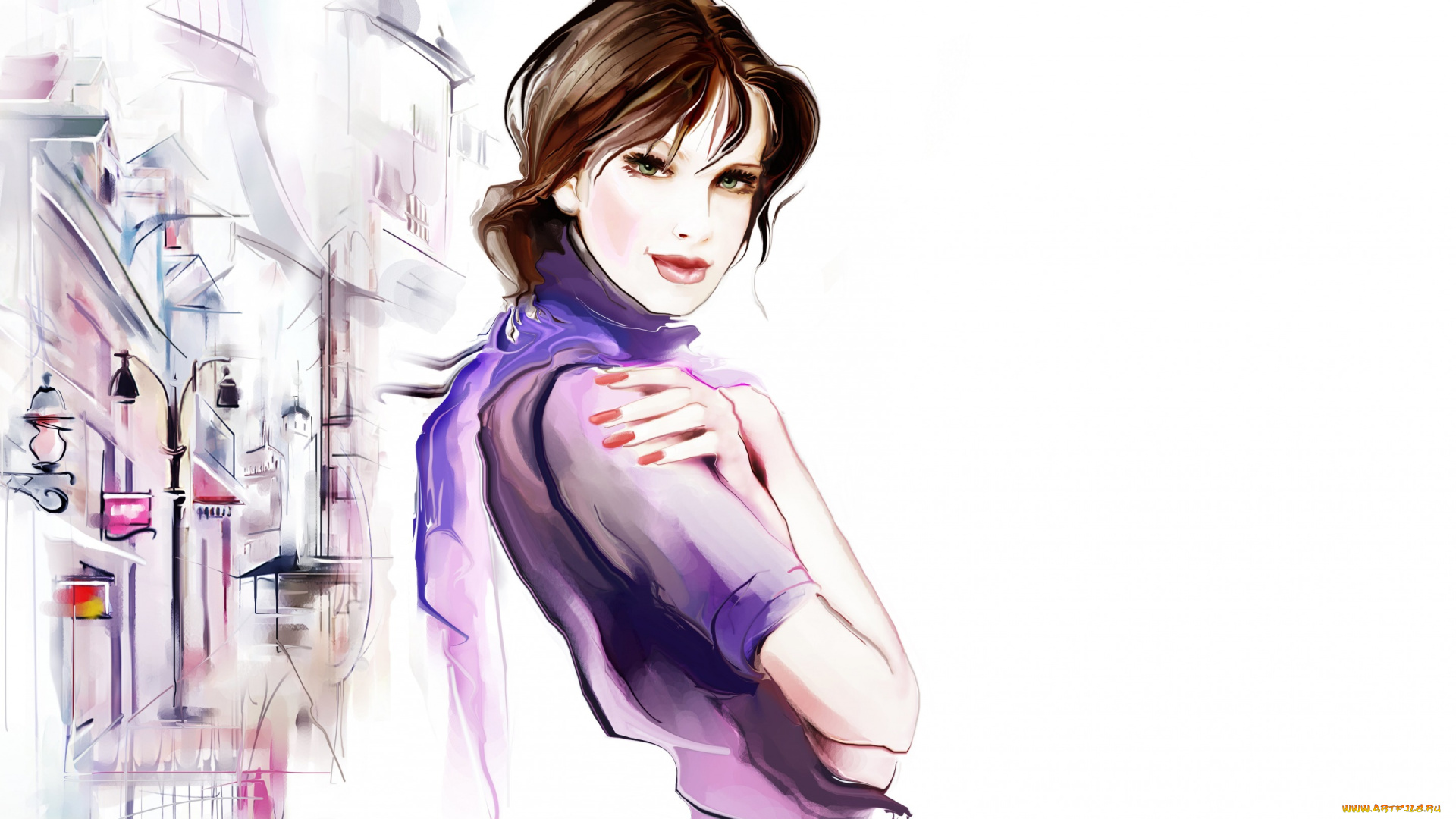 рисованное, люди, девушка, tatiana, nikitina, шарф, рука, волосы, дома, отражение, взгляд, лужи, улица, фонарь