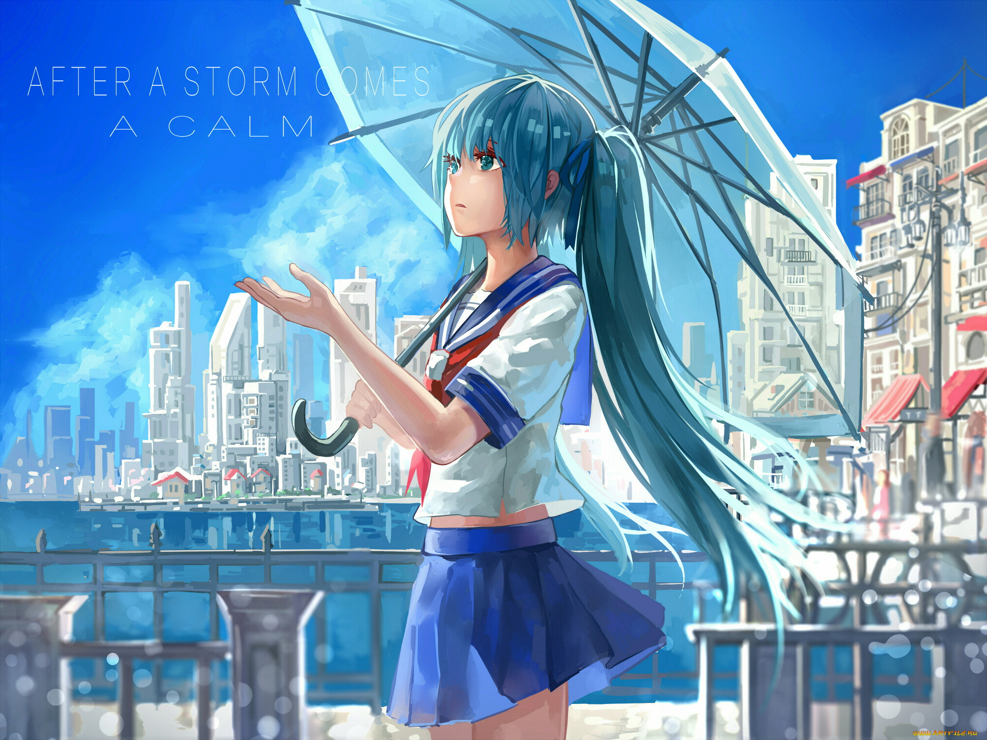 аниме, vocaloid, hatsune, miku, девушка, hunxiao, xingshuang, город, зонт