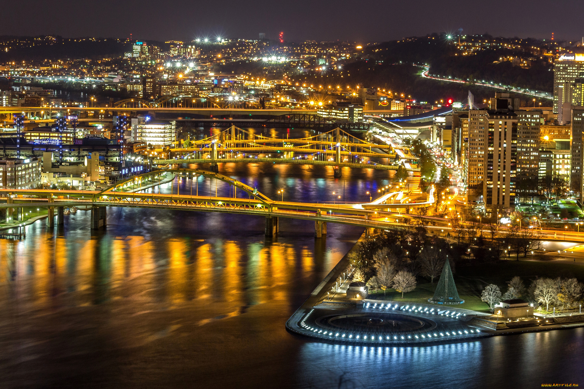 pittsburgh`s, golden, bridges, города, питтсбург, , сша, огни, мосты, ночь