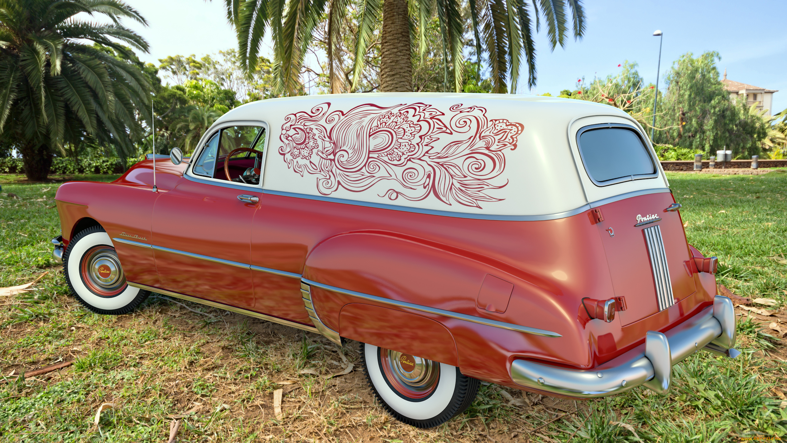 автомобили, 3д, фон, 1949г, pontiac, автомобиль