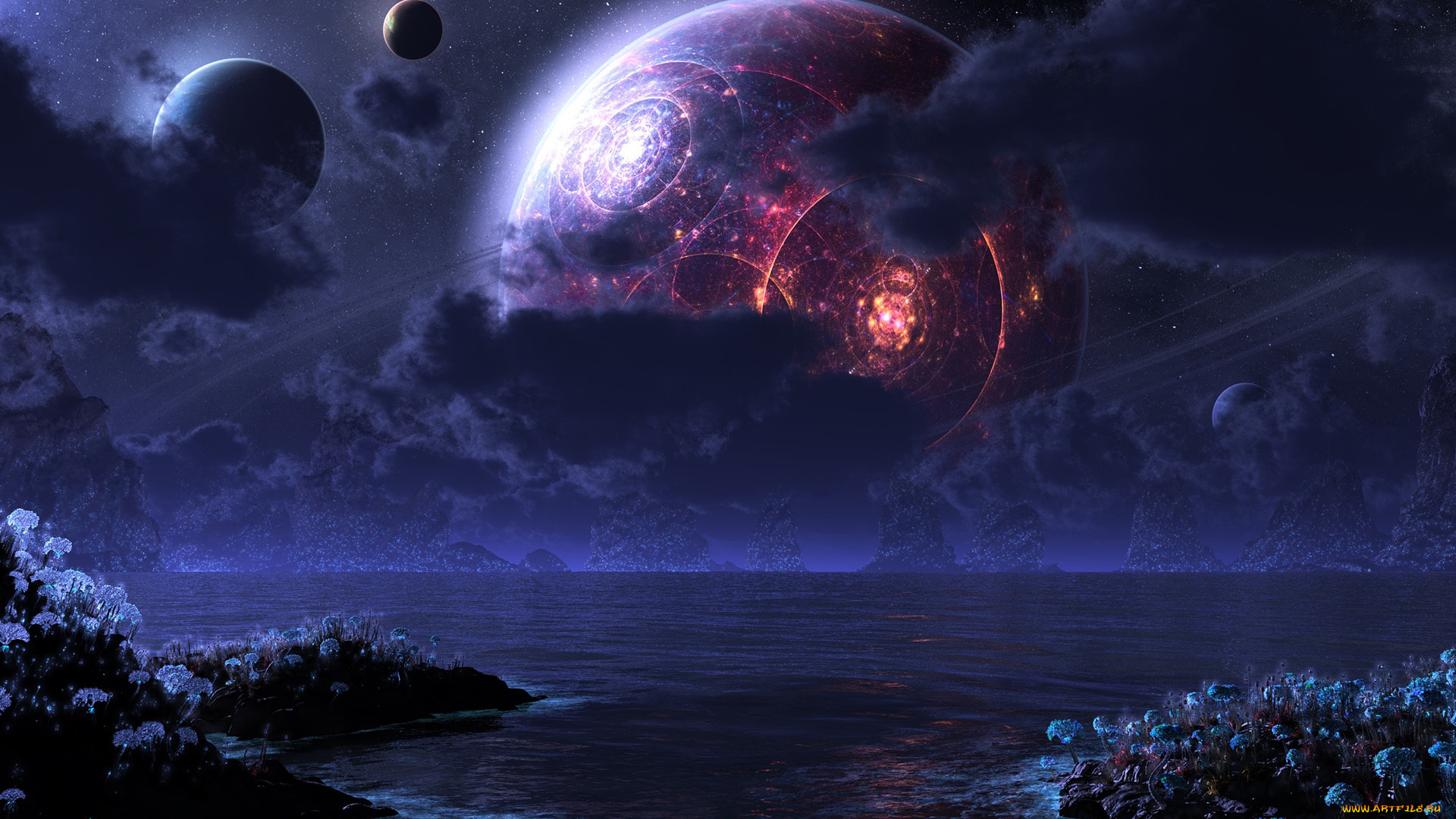 3д, графика, атмосфера, настроение, , atmosphere, , , mood, , берег, море, ночь, облака, кольца, планеты, спутники