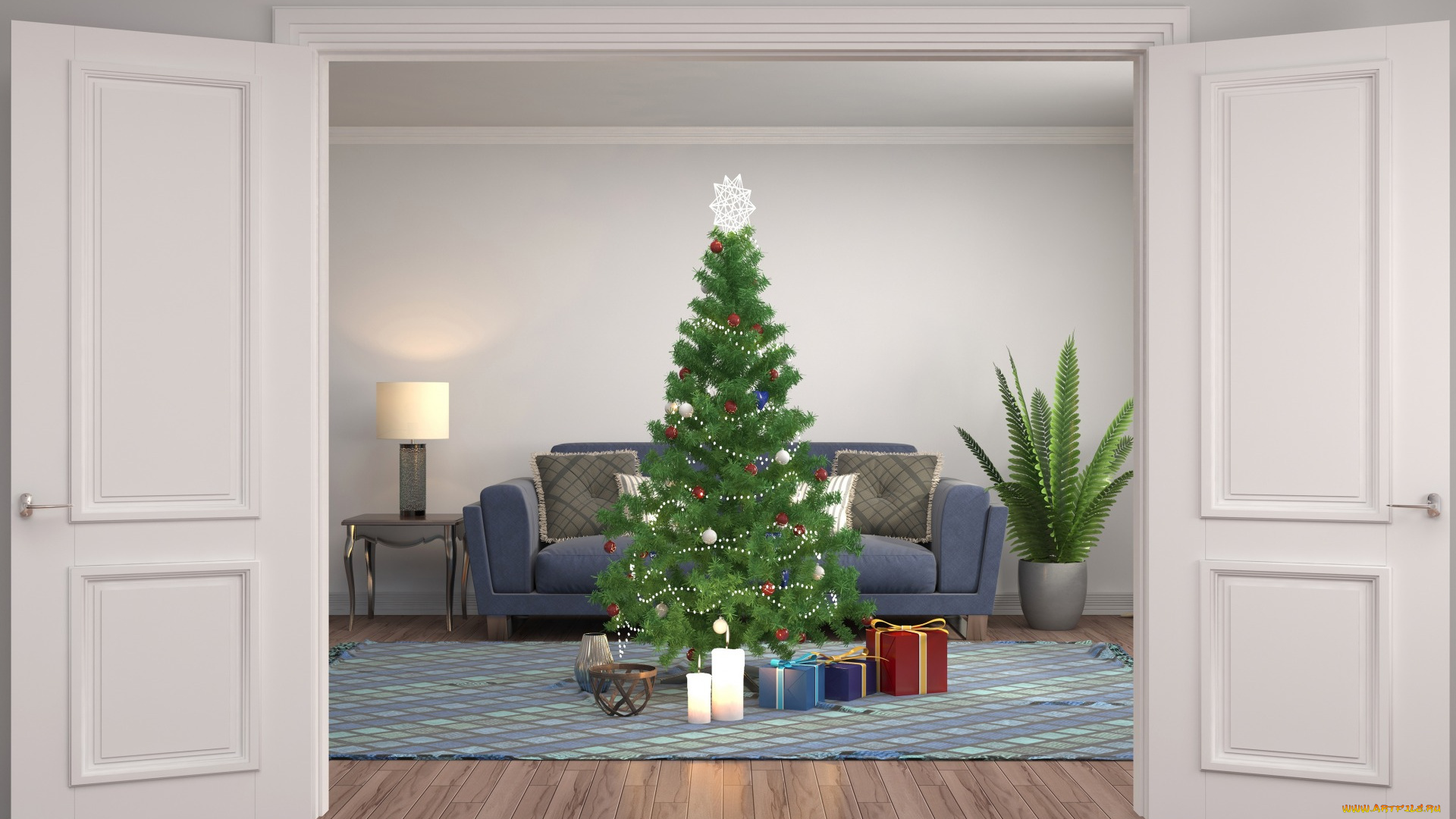 праздничные, векторная, графика, , новый, год, комната, дверь, елка, графика, новый, год