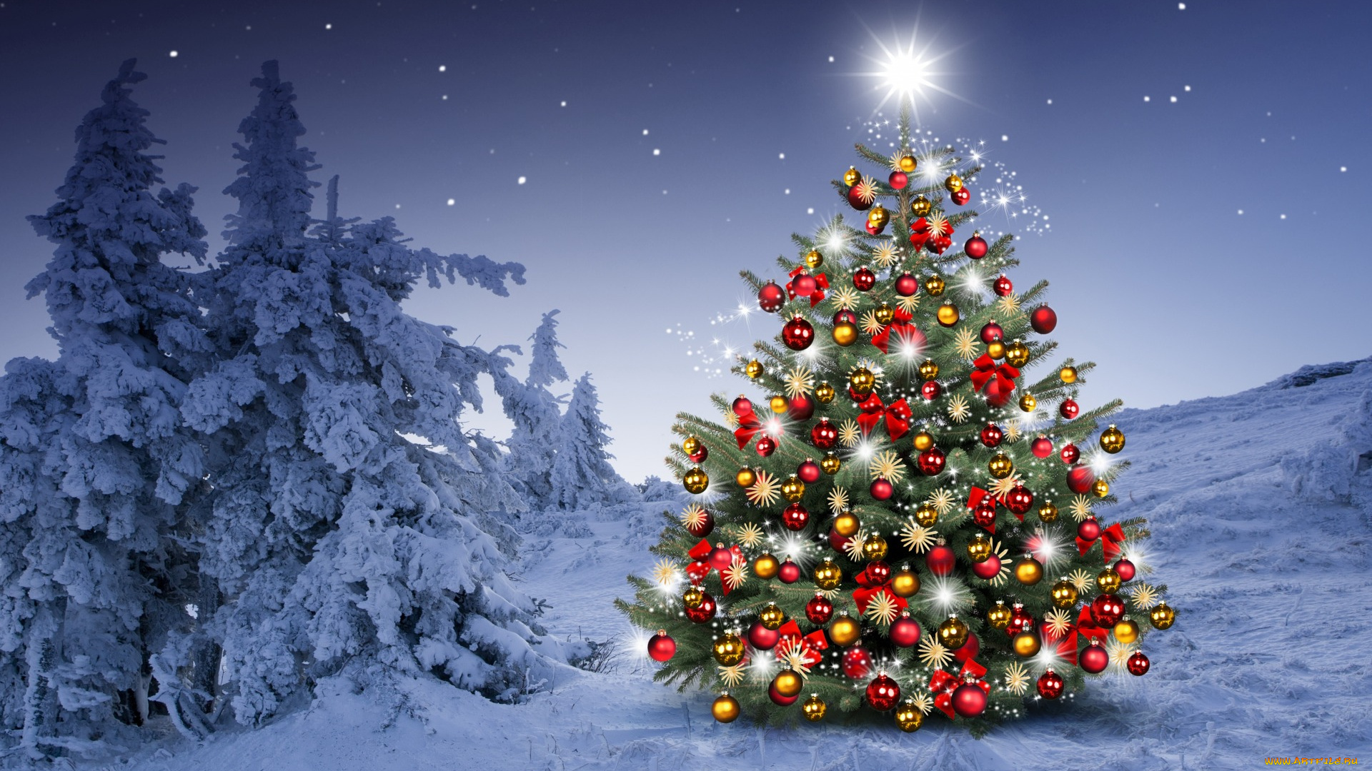 праздничные, Ёлки, merry, christmas, новогодняя, елка, снежинки, новый, год, snow, зима, night, decoration, елки, снег, украшения, happy, tree, шары, рождество, winter