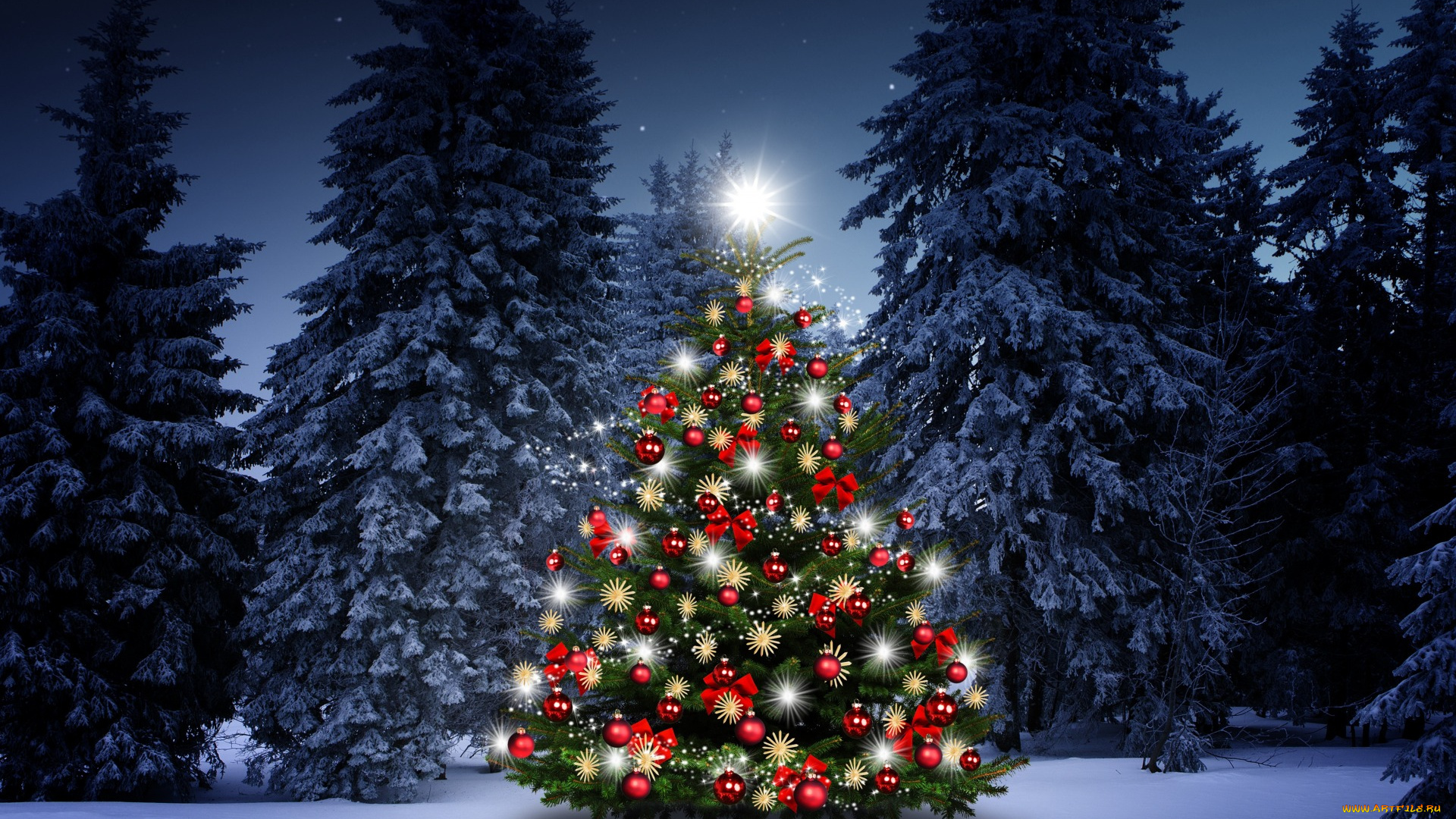 праздничные, Ёлки, снег, елки, украшения, happy, christmas, night, новый, год, snow, зима, decoration, merry, новогодняя, елка, снежинки, tree, шары, winter, рождество