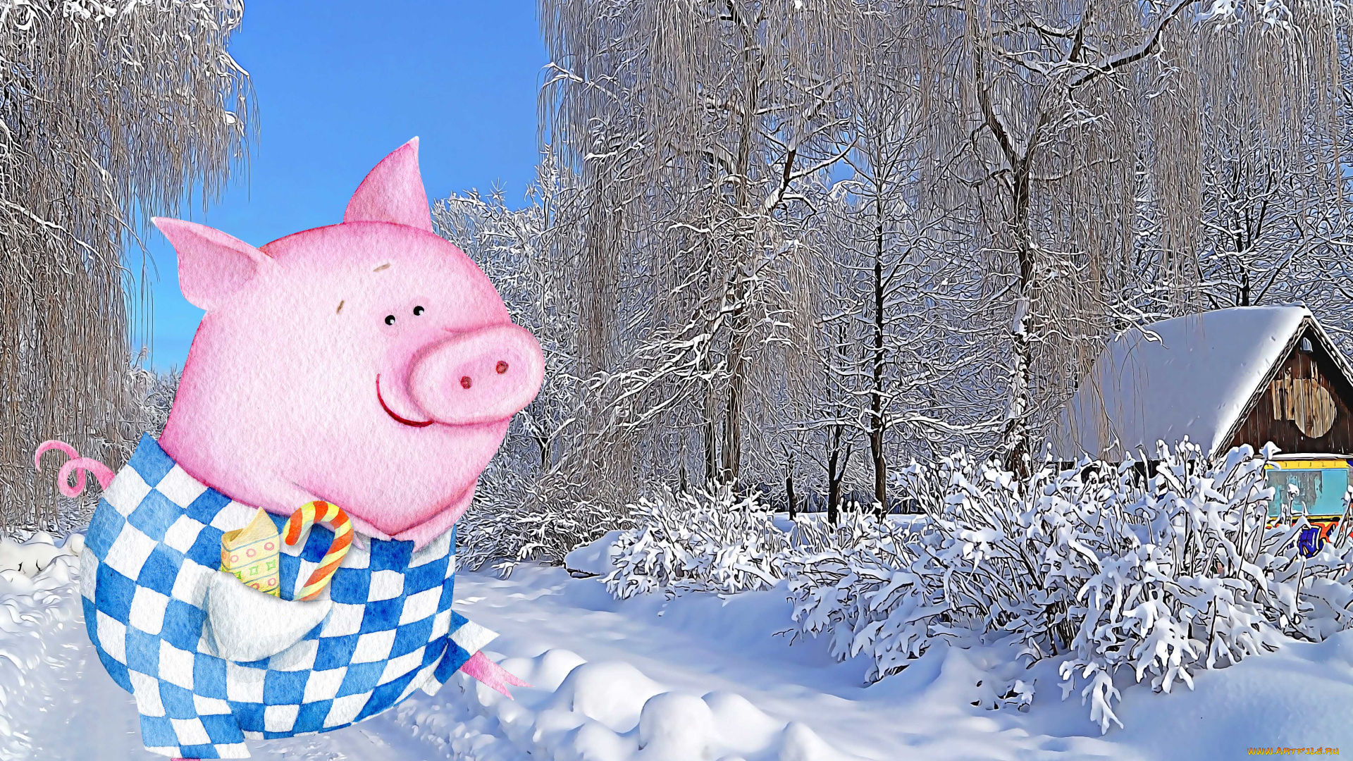 календари, праздники, , салюты, поросенок, дом, деревья, зима, снег, конфета