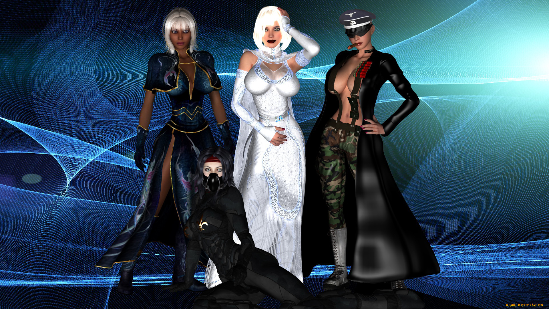 3д, графика, фантазия, , fantasy, девушки, фон, взгляд, униформа