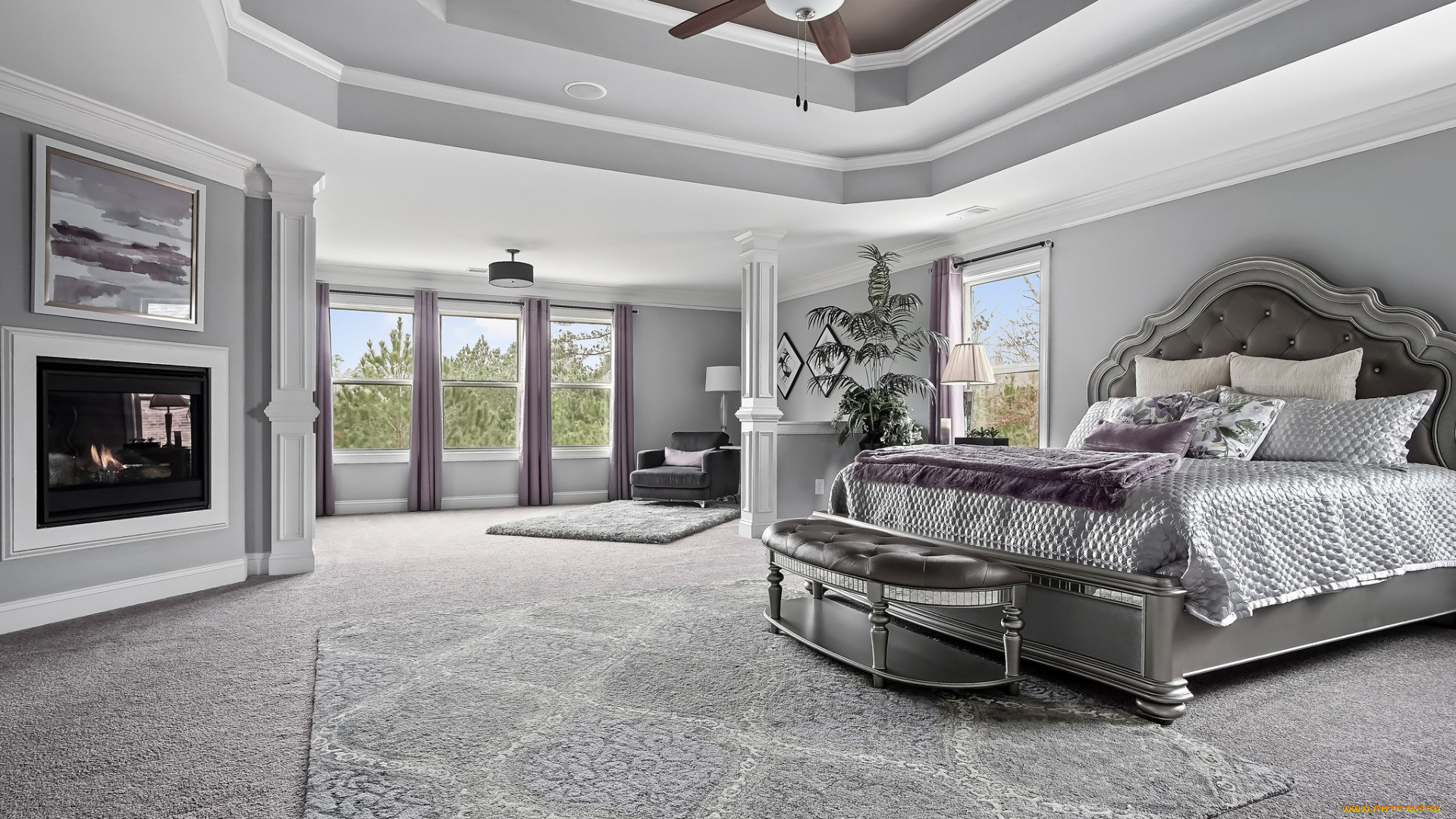 интерьер, спальня, камин, кровать, вентилятор