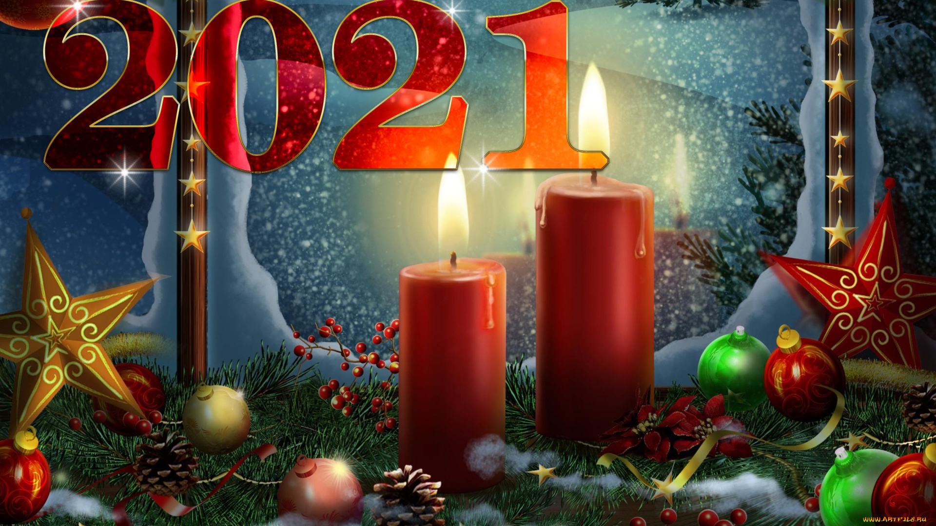 праздничные, -, разное, , новый, год, свечи, окно, год, игрушки, ель