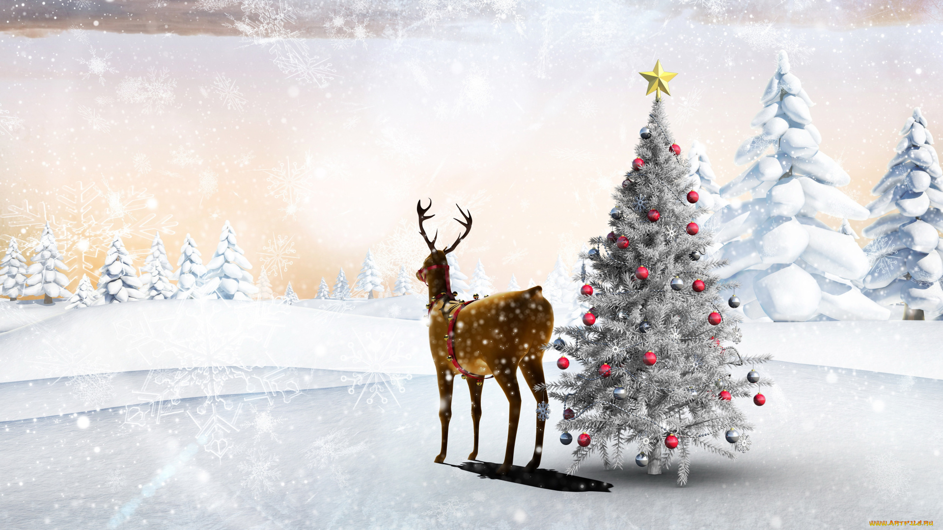 праздничные, 3д, графика, , новый, год, олень, ёлки, снег