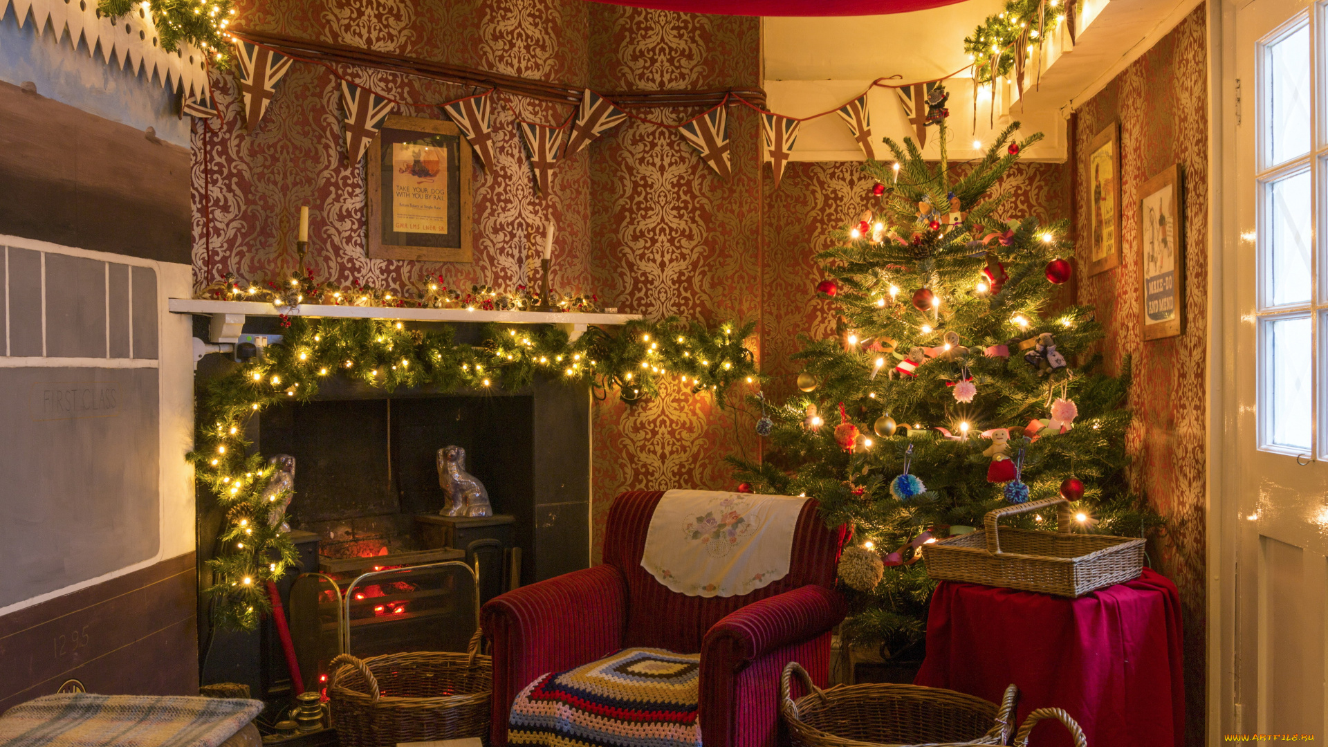 праздничные, новогодний, очаг, ёлка, камин, кресло, корзины