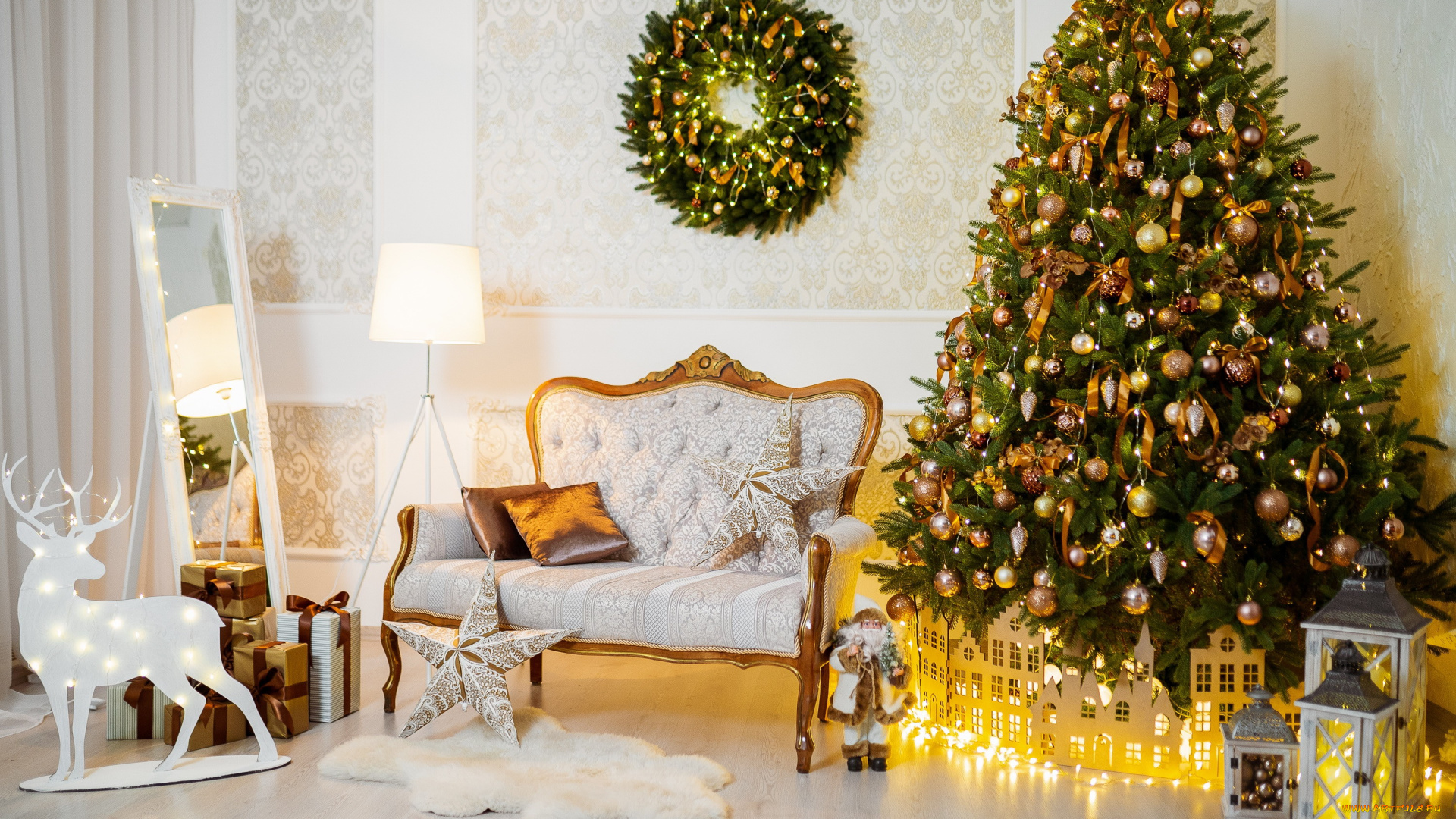 праздничные, ёлки, ёлка, венок, диван, фигурки, подарки