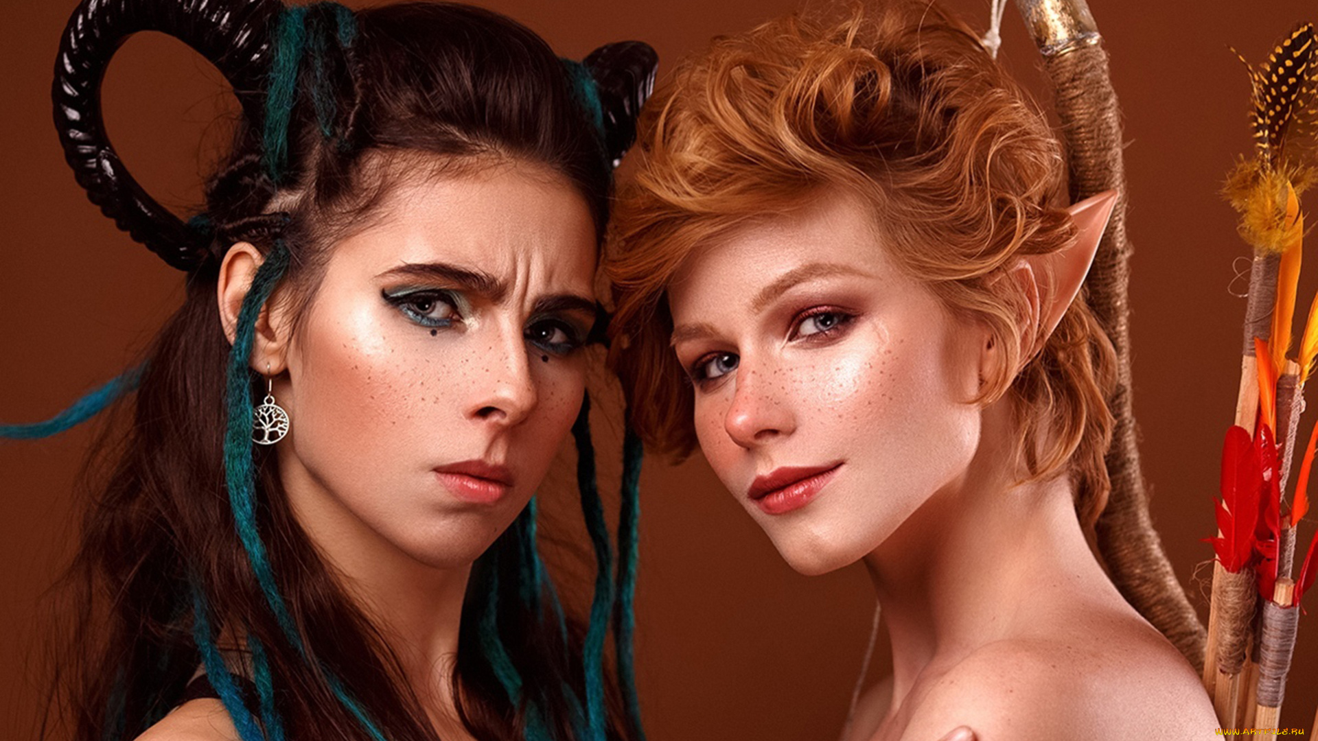 anastasia, zhilina, девушки, анастасия, жилина, anastasia, zhilina, cosplay, портрет, эльф, эльфийка, макияж, взгляд, две, демон, рога, волосы, анастасия, жилина, девушка, модель, стройная, сексуальная, секси, рыжеволосая, поза, фотосессия, фигура