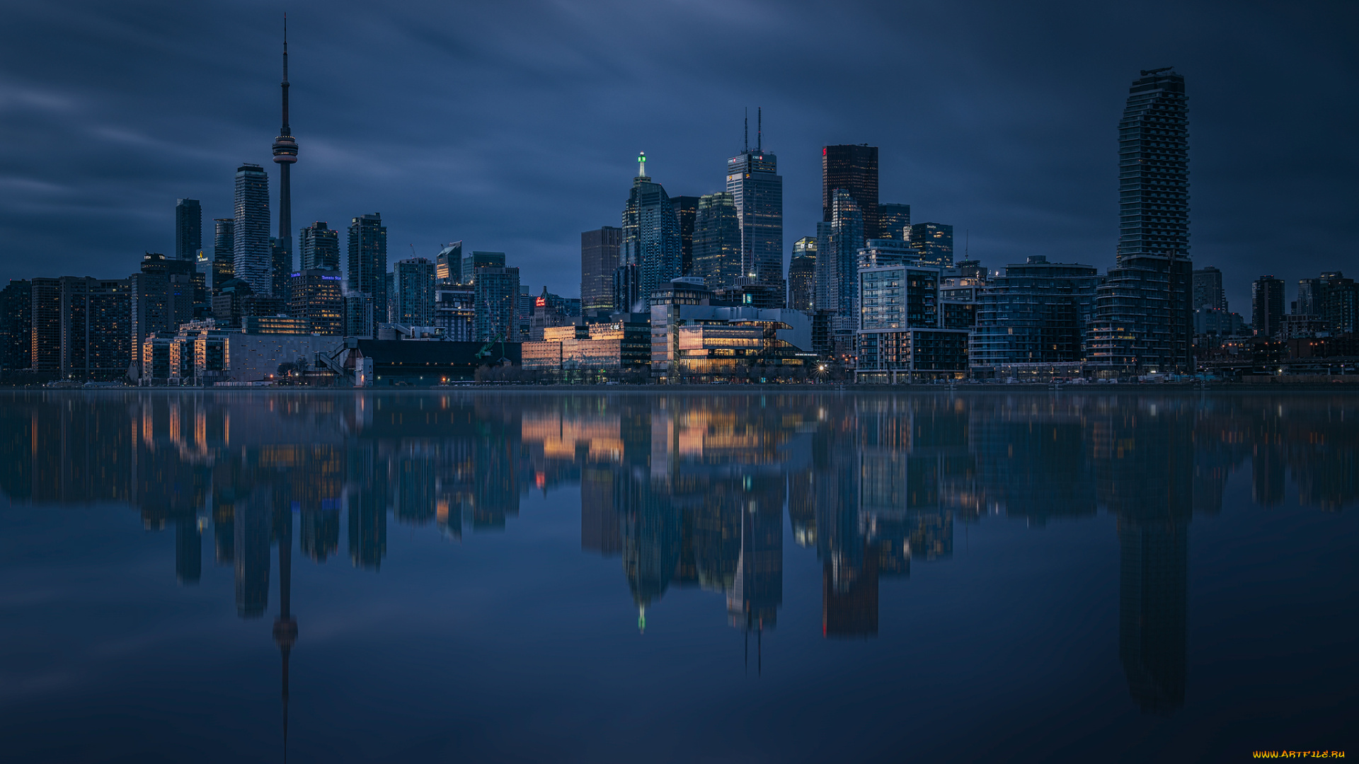 города, -, огни, ночного, города, remo, daut, отражение, ночь, торонто, канада