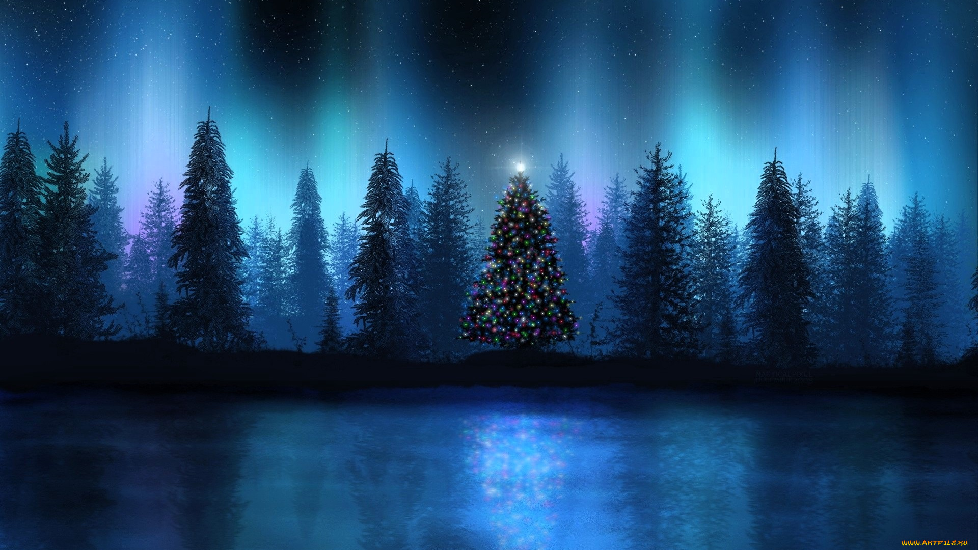праздничные, 3д, графика, , новый, год, лес, ёлка, огни, озеро