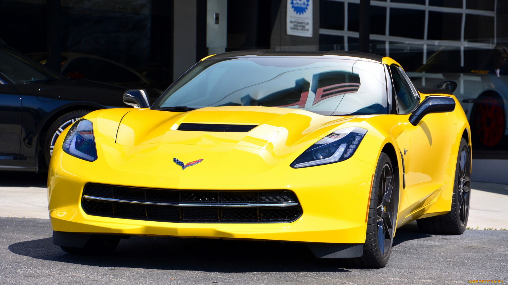 автомобили, corvette, желтый, здание