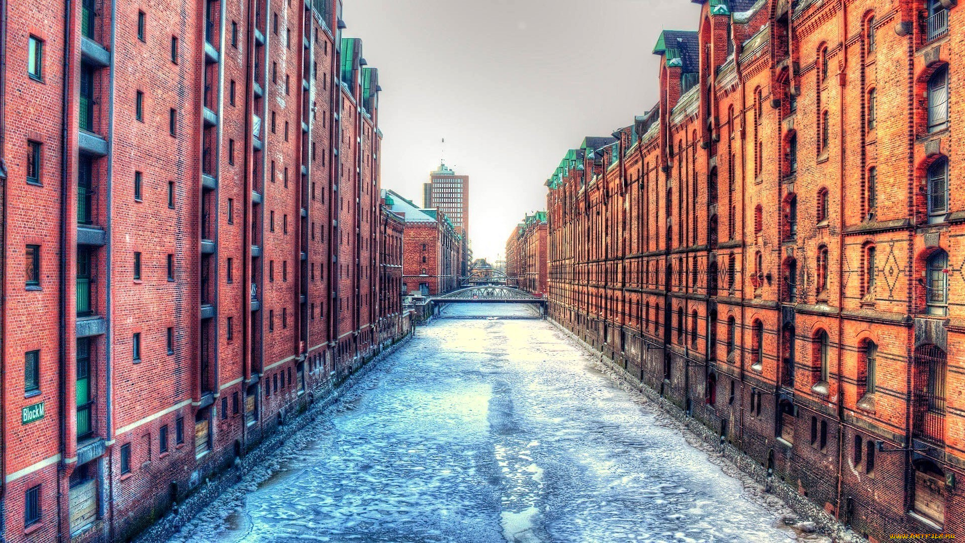 города, гамбург, , германия, дома, канал, лед, мосты