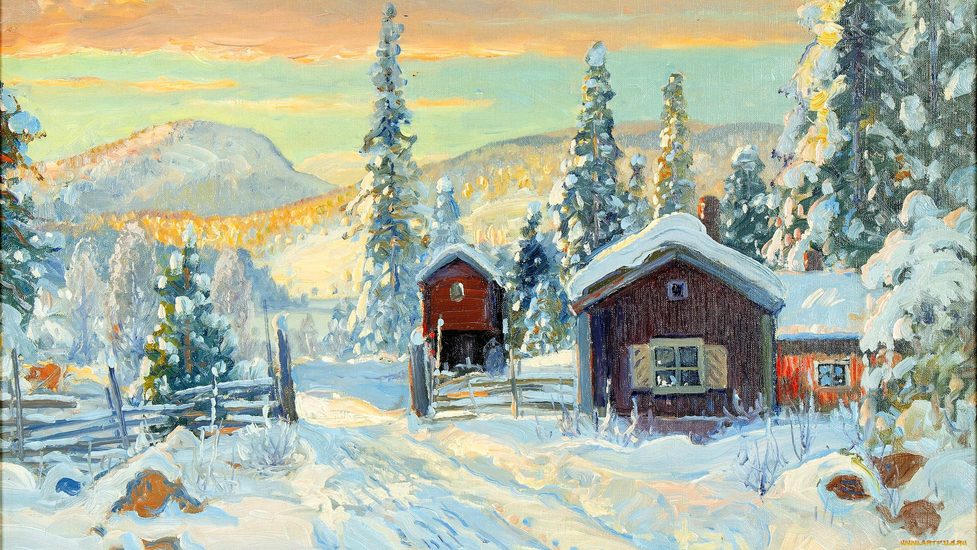 рисованное, carl, brandt, carl, brandt, дома, горы, снег, след, деревья