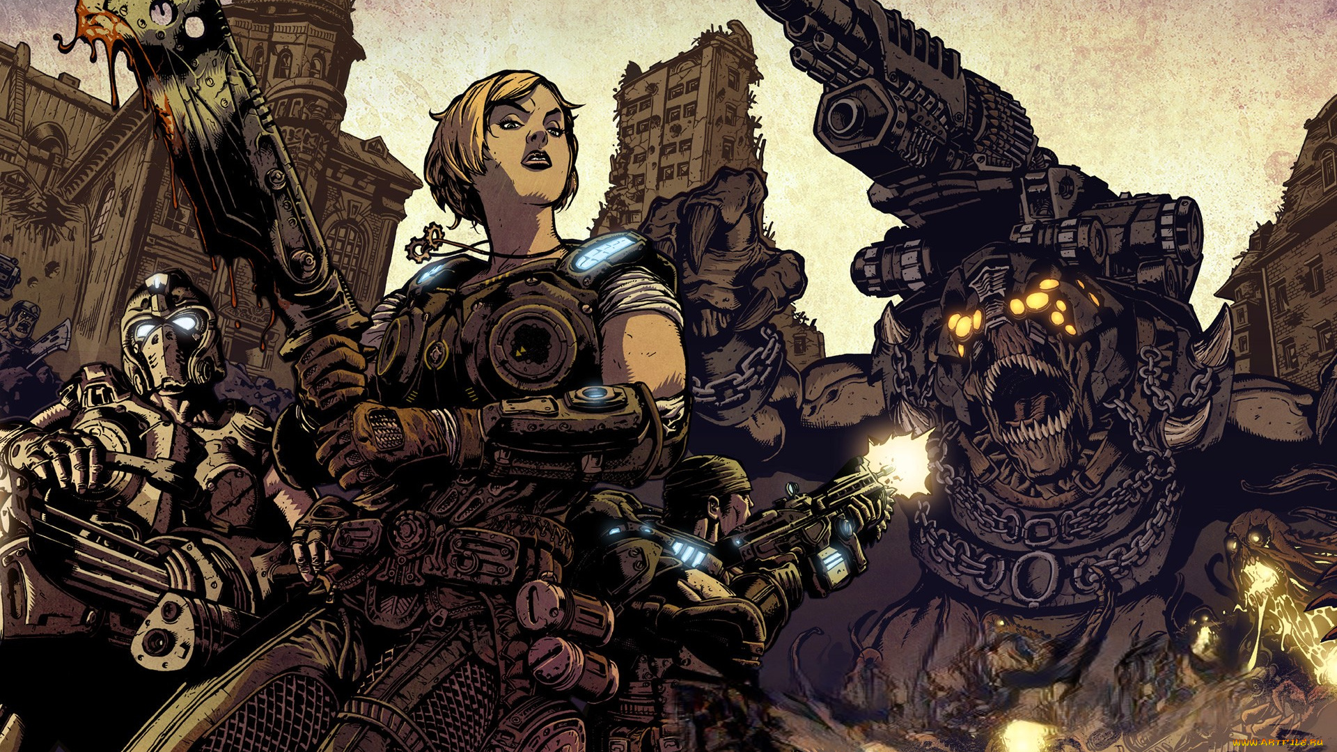 видео, игры, gears, of, war, 3, команда, монстры, город, развалины