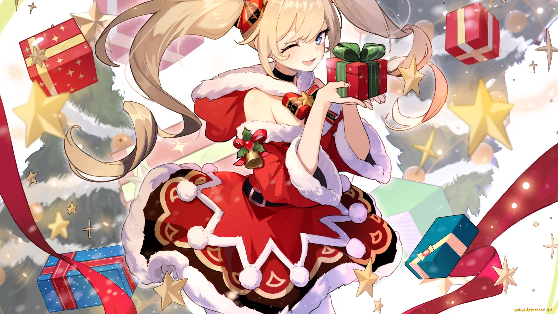 аниме, genshin, impact, девушка, новый, год, рожки, костюм, подарки
