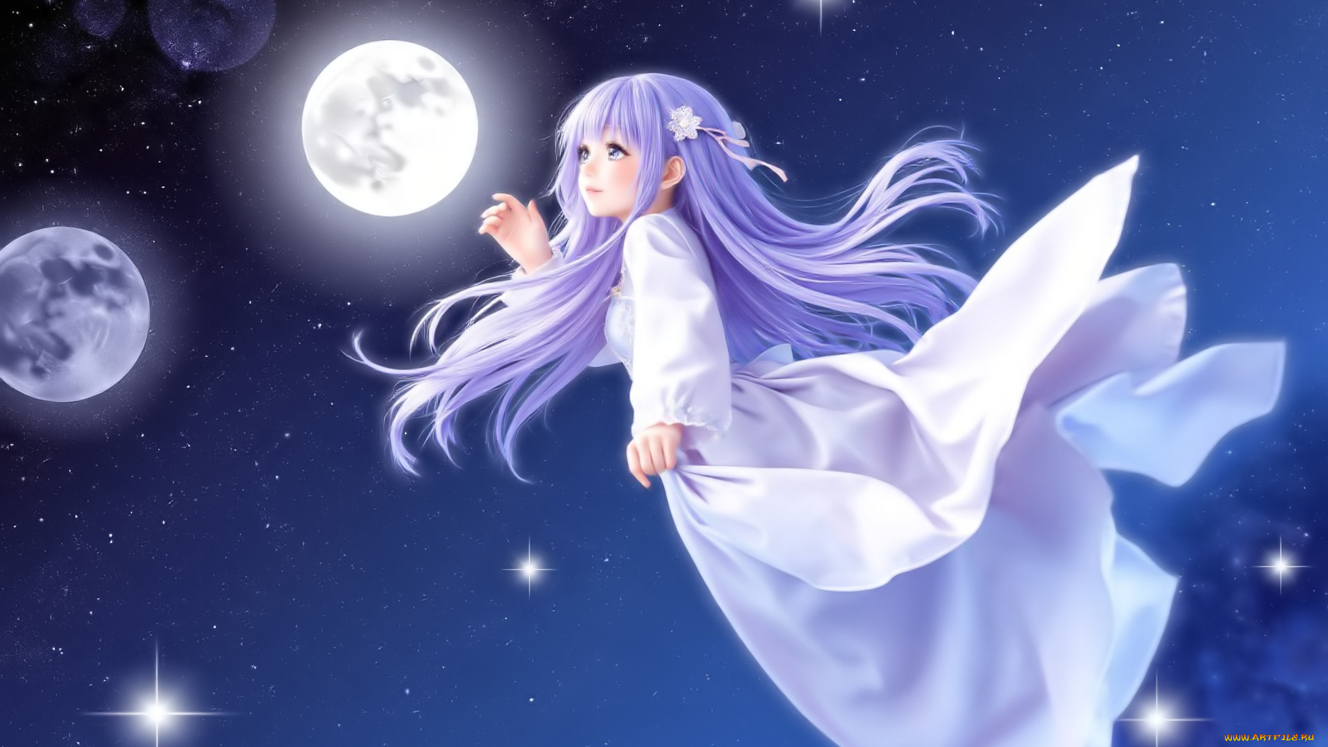 аниме, unknown, , другое, , девочка, платье, небо, звезды, луны