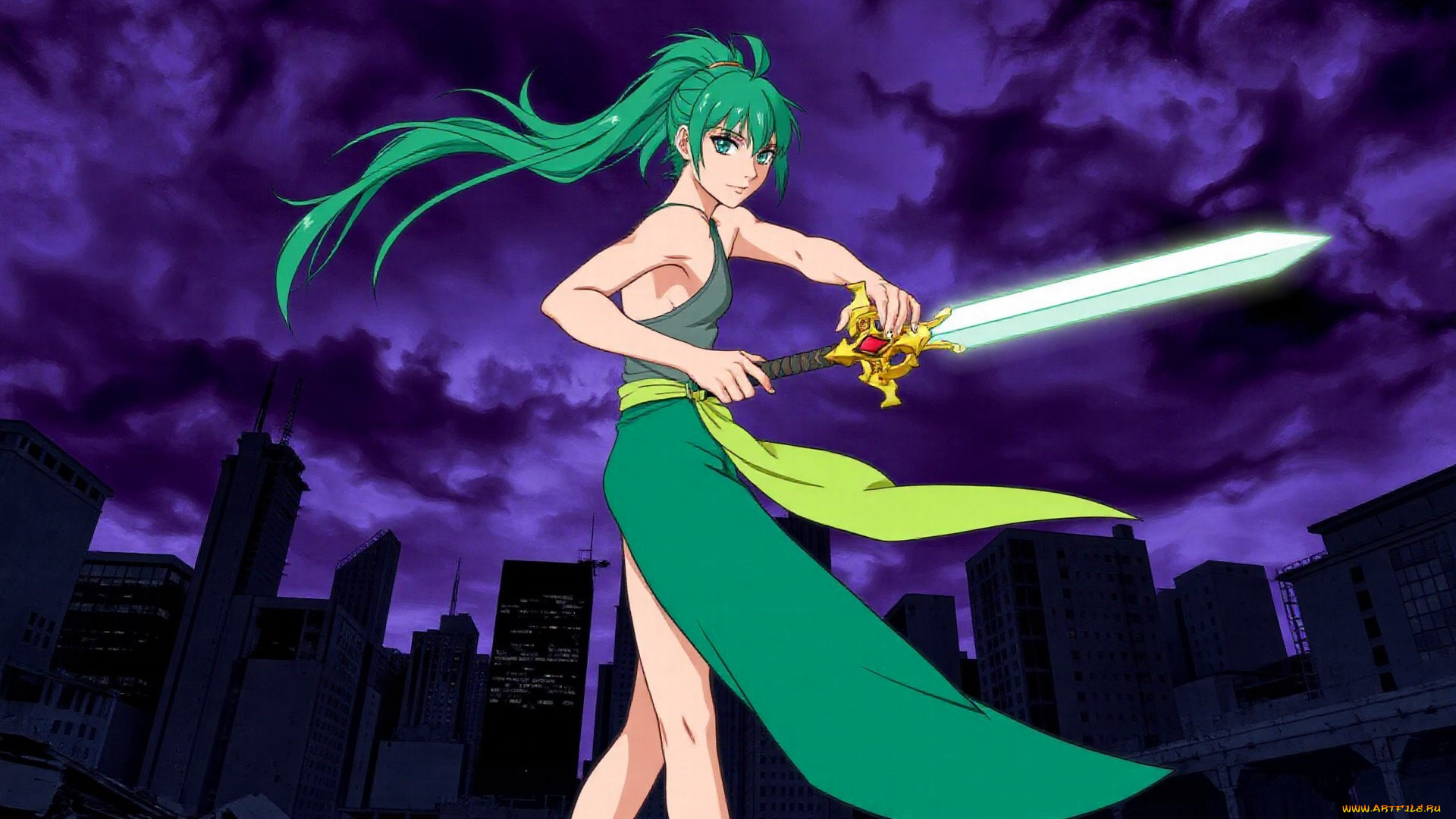 аниме, unknown, , другое, , девушка, меч, тучи, город, дома