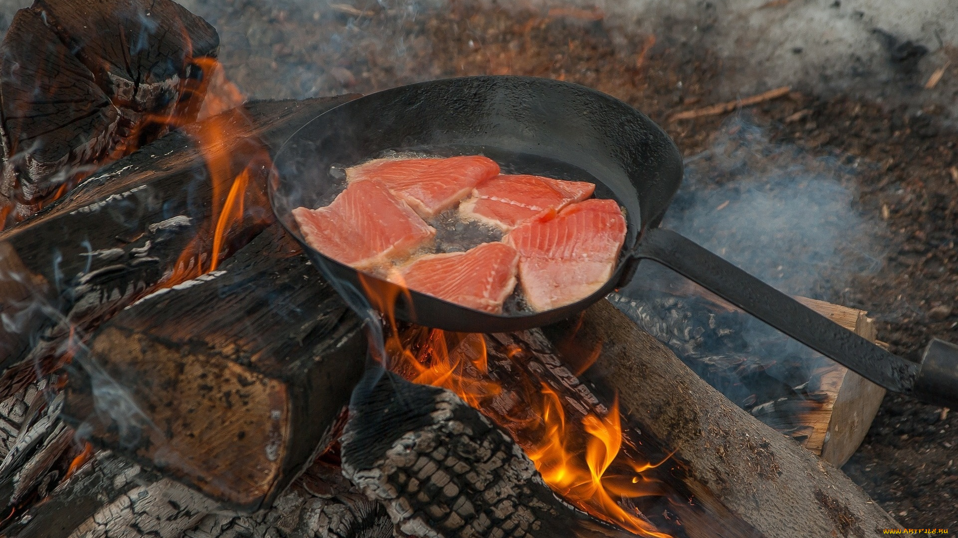 еда, рыба, , морепродукты, , суши, , роллы, костер, огонь, сковорода, лосось