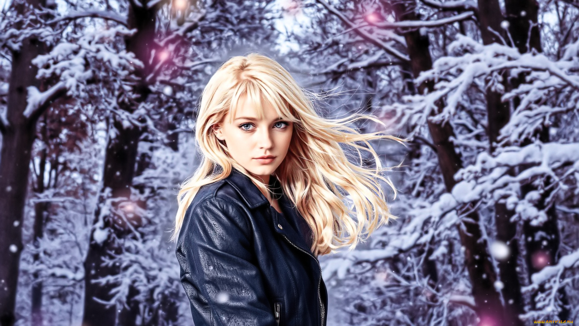 разное, компьютерный, дизайн, девушка, блондинка, куртка, зима, снег, лес, деревья