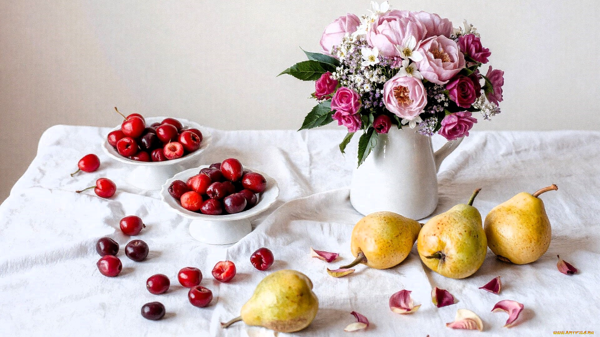 рисованное, еда, скатерть, черешни, цветы, букет, груши, лепестки