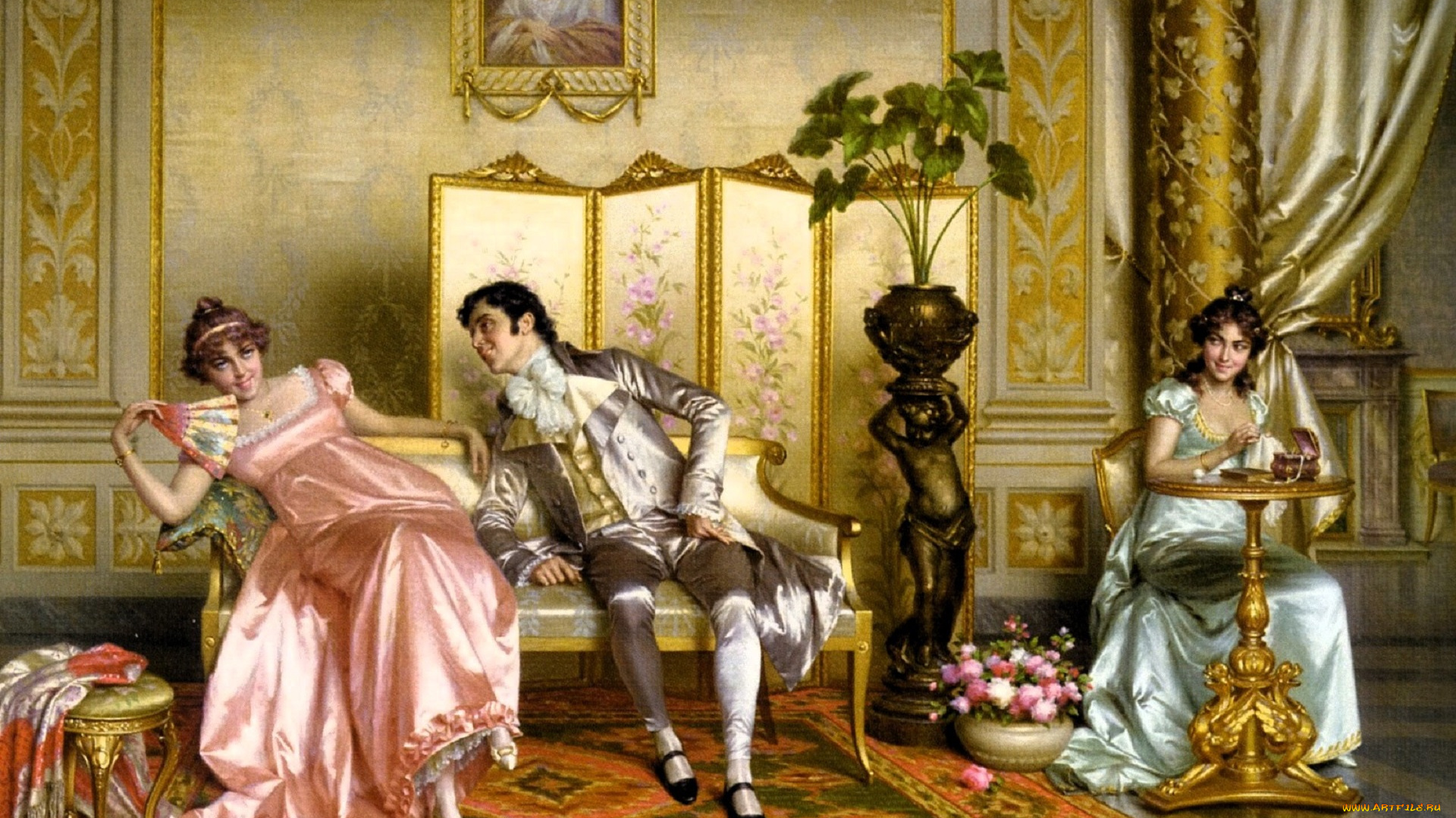 рисованное, vittorio, reggianini, люди, дамы, джентельмен, диван, ширма, ковер